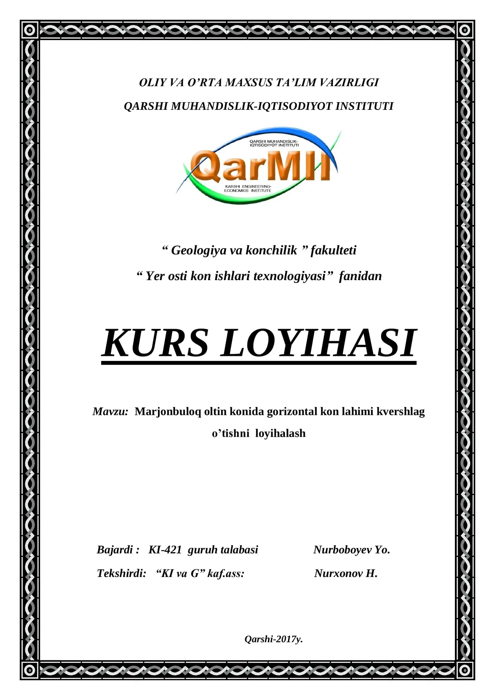 Marjonbuloq oltin konida gorizontal kon lahimi kvershlag o’tishni loyihalash