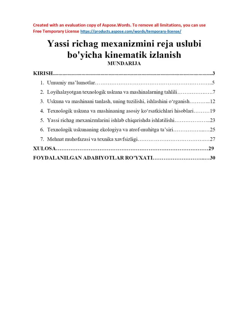 Yassi richag mexanizmini reja uslubi bo'yicha kinematik izlanish