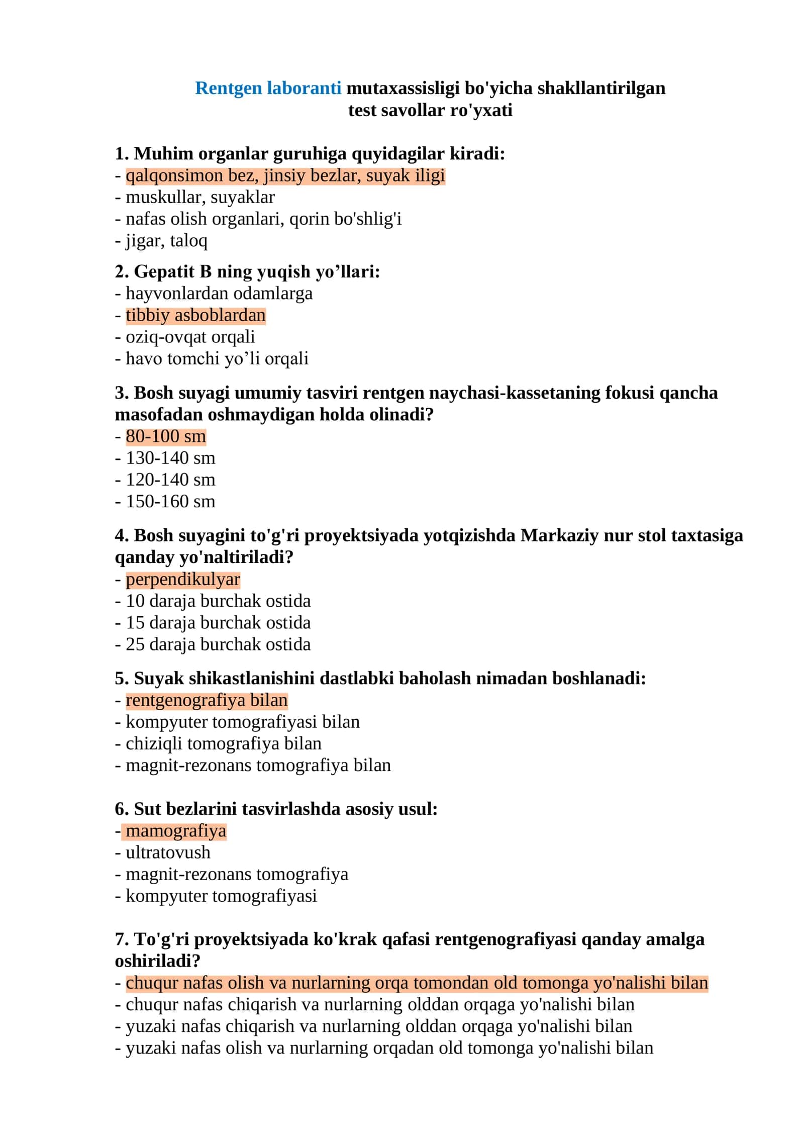 Rentgen laboranti mutaxassisligi bo'yicha shakllantirilgan test argos