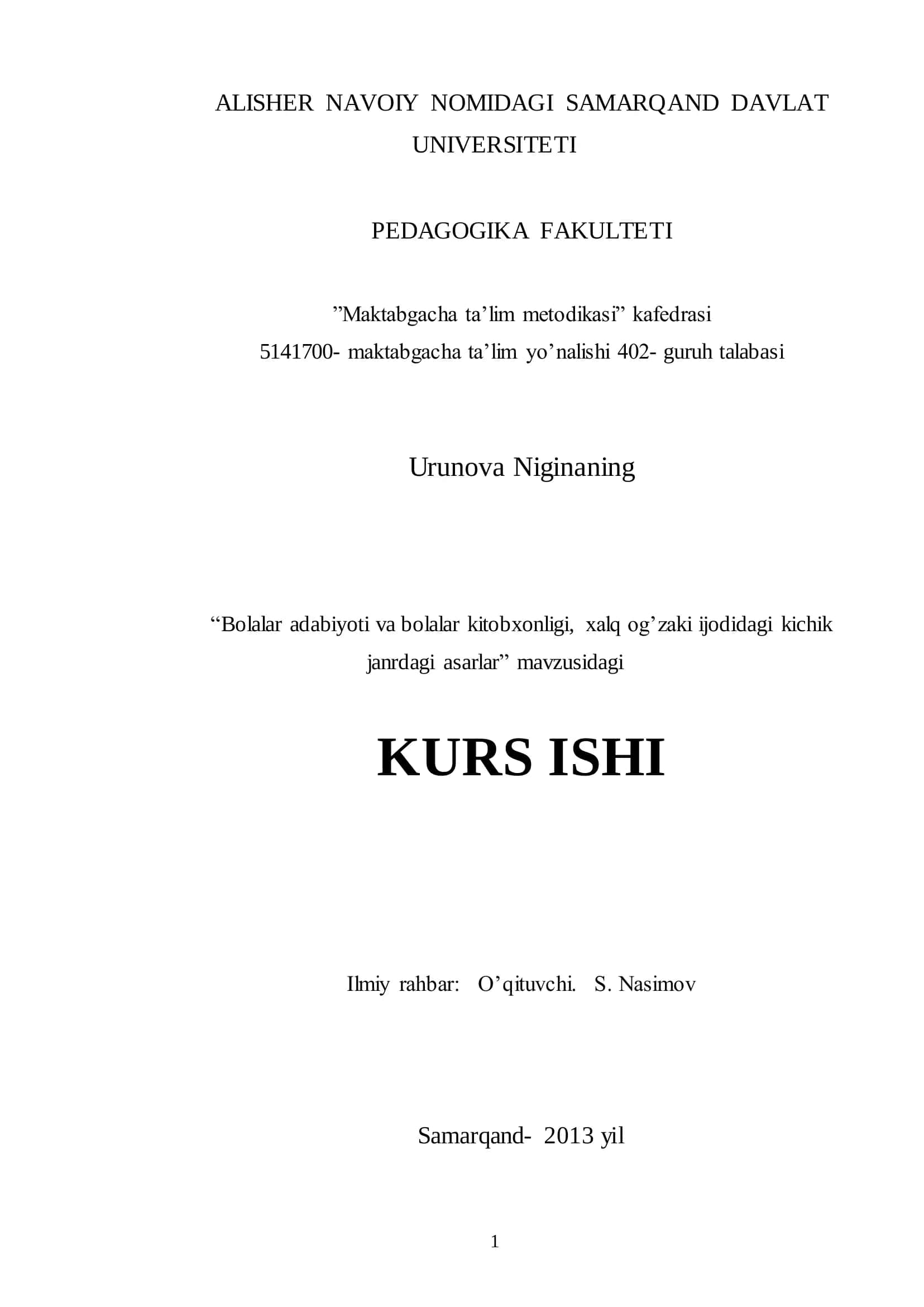 Bolalar adabiyoti va bolalar kitobxonligi, xalq og‘zaki ijodidagi kichik janrdagi asarlar