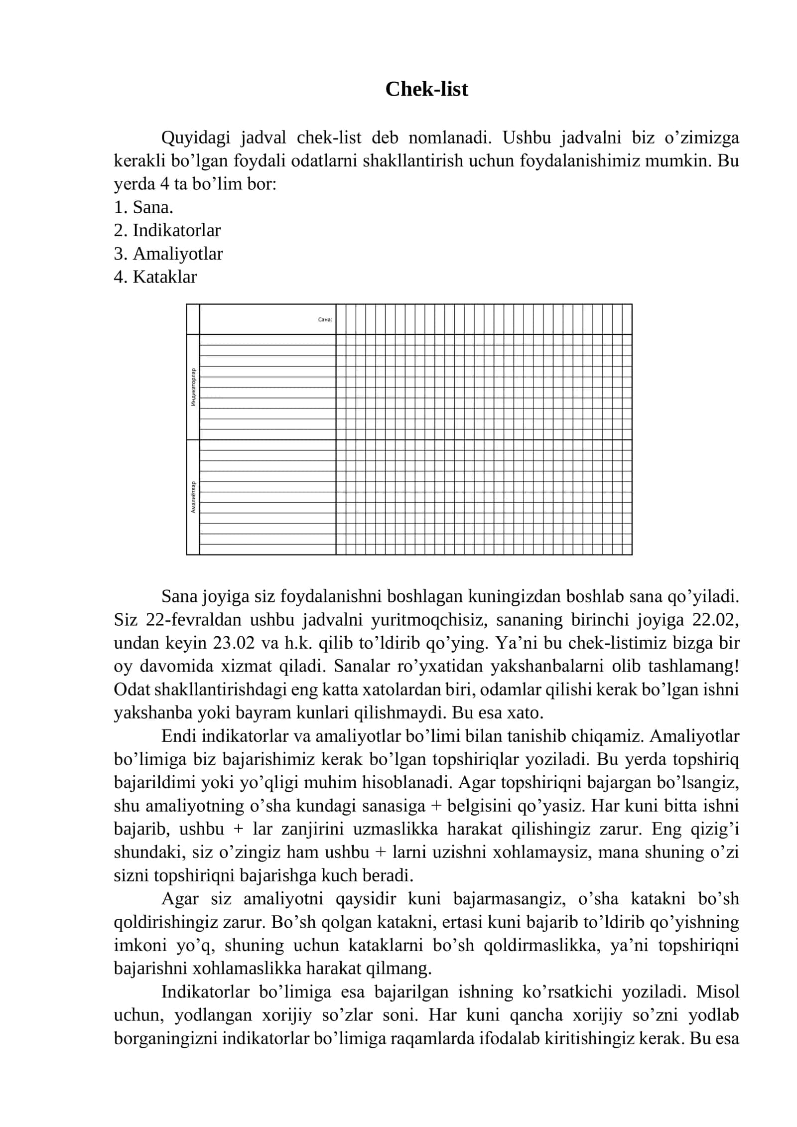foydali odatlarni shakllantirish Chek-list