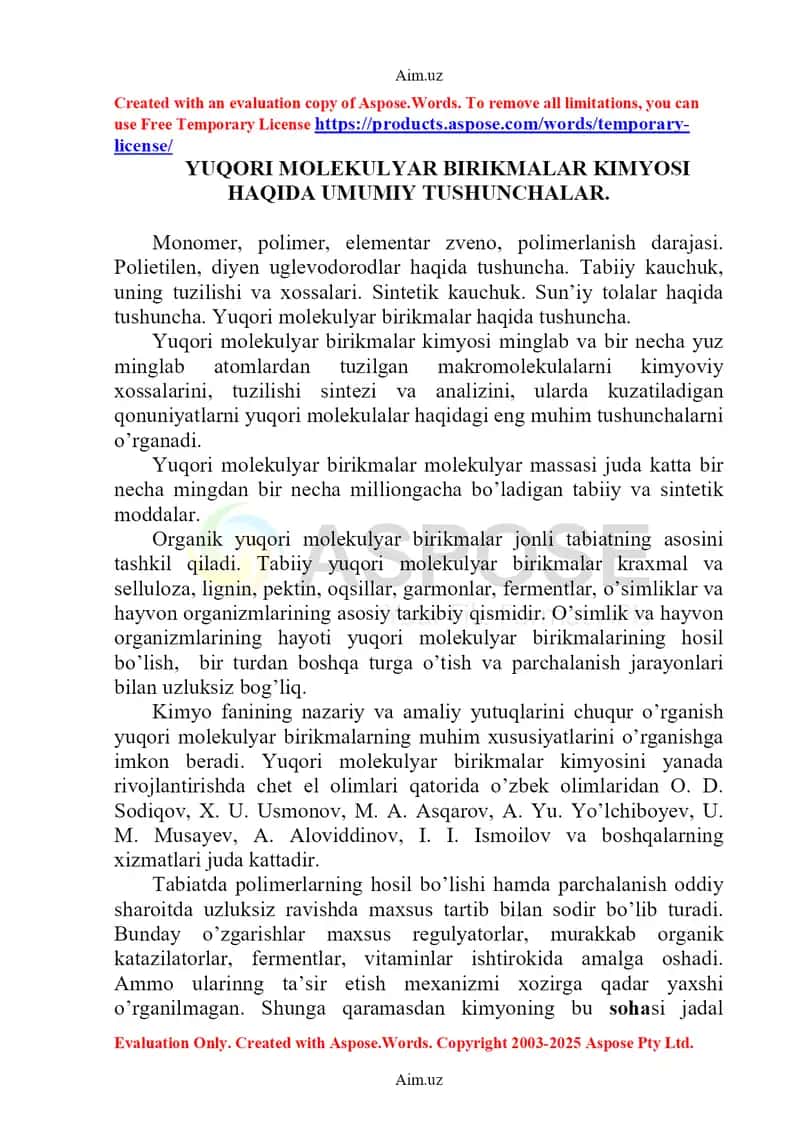 Yuqori molekulyar birikmalar kimyosi haqida umumiy tushunchalar