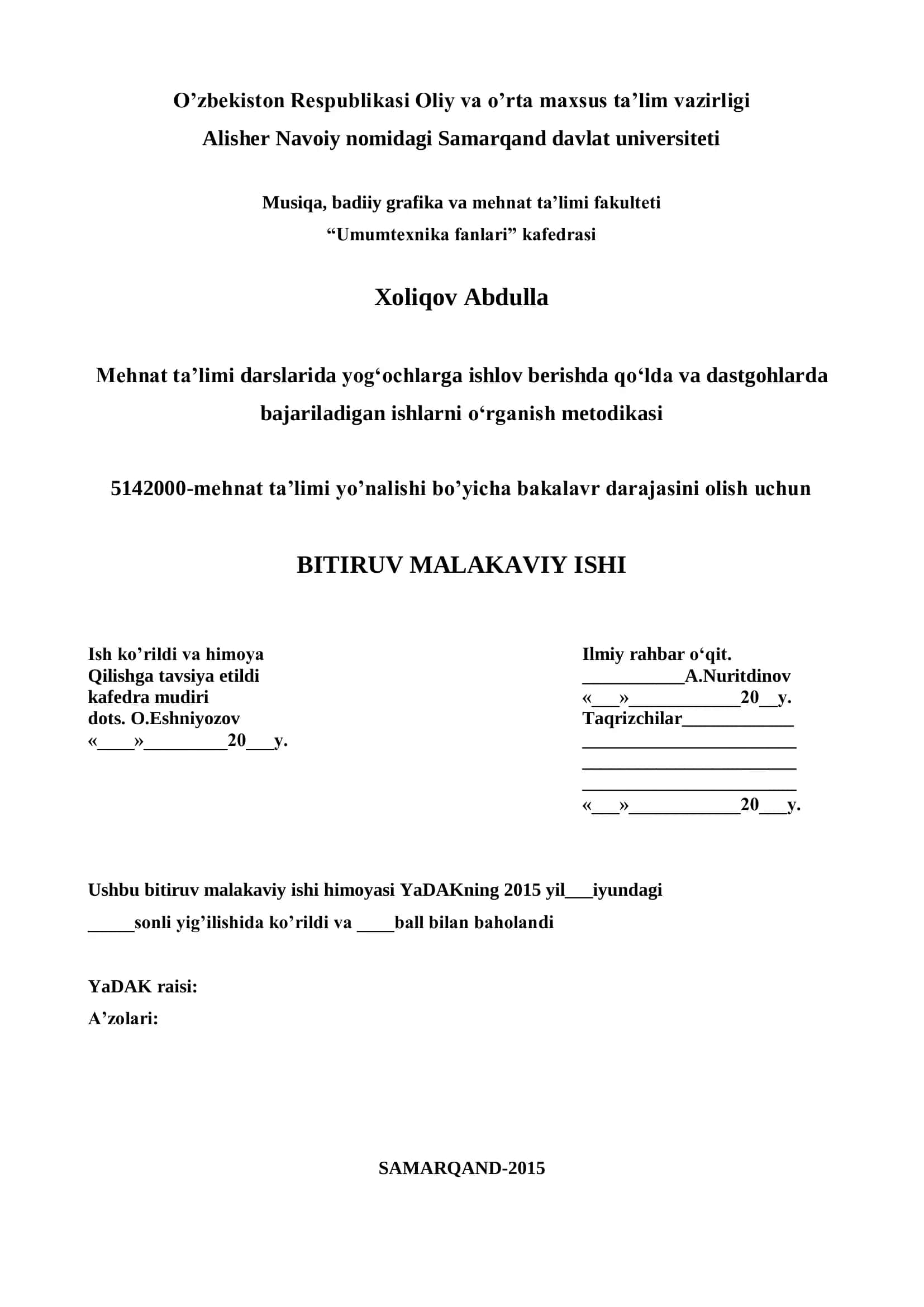 5142000-mehnat ta’limi yo’nalishi bo’yicha bakalavr darajasini olish uchun BITIRUV MALAKAVIY ISHI