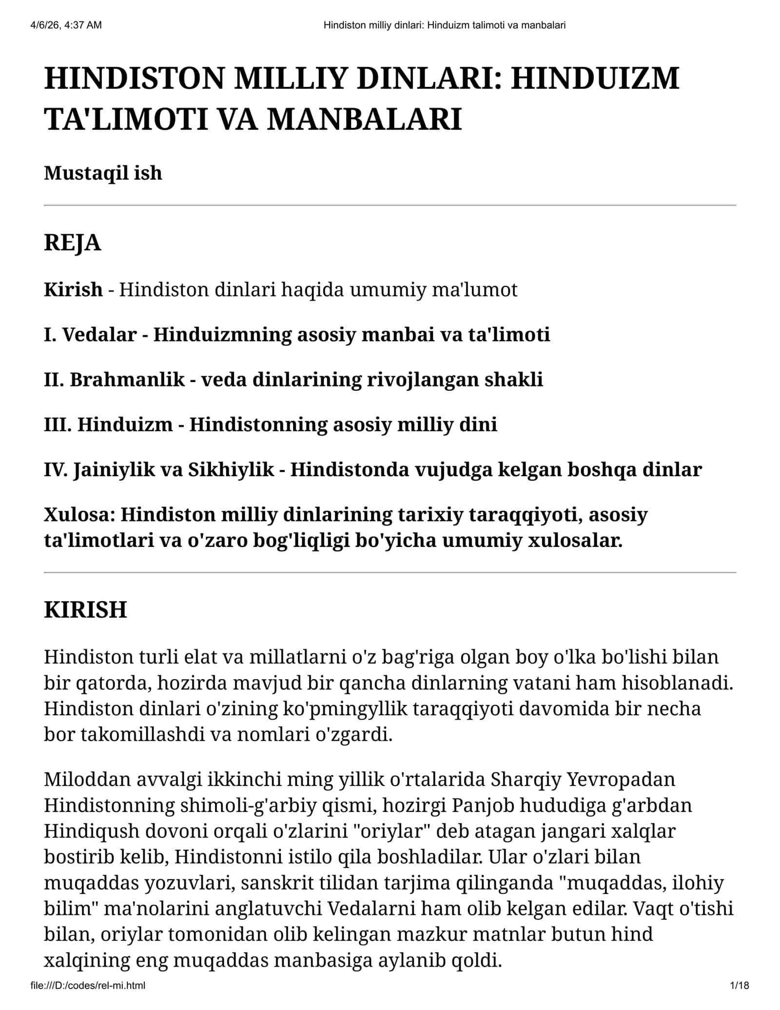 Mustaqil ish: Hindiston milliy dinlari: Hinduizm ta'limoti va manbalari