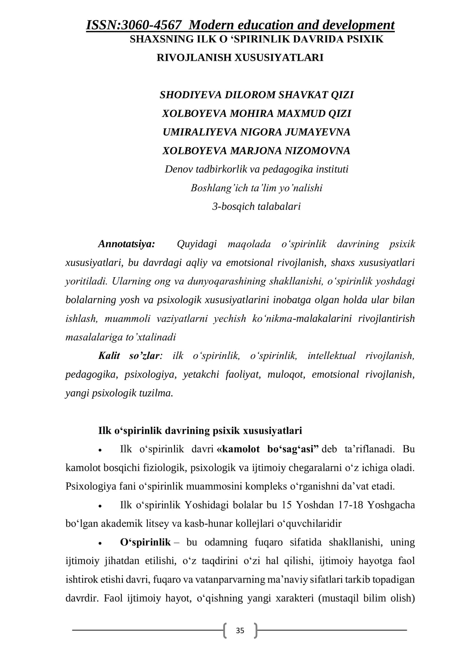 SHAXSNING ILK O ‘SPIRINLIK DAVRIDA PSIXIK RIVOJLANISH XUSUSIYATLARI