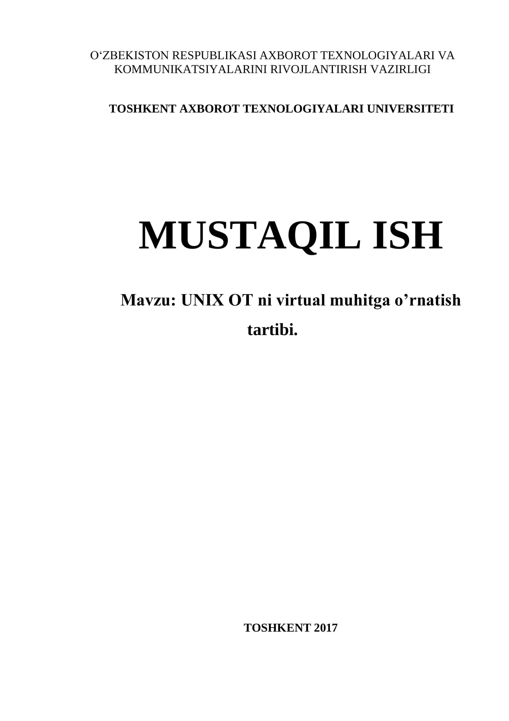 UNIX OT ni virtual muhitga o’rnatish tartibi