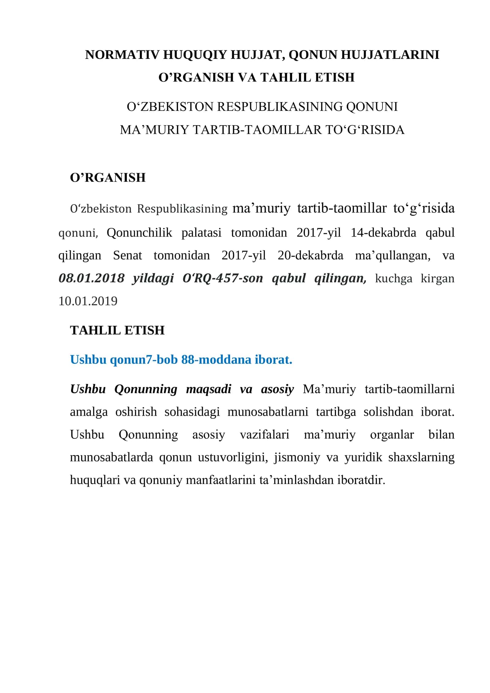 OʻZBEKISTON RESPUBLIKASINING QONUNI MAʼMURIY TARTIB-TAOMILLAR TOʻGʻRISIDA