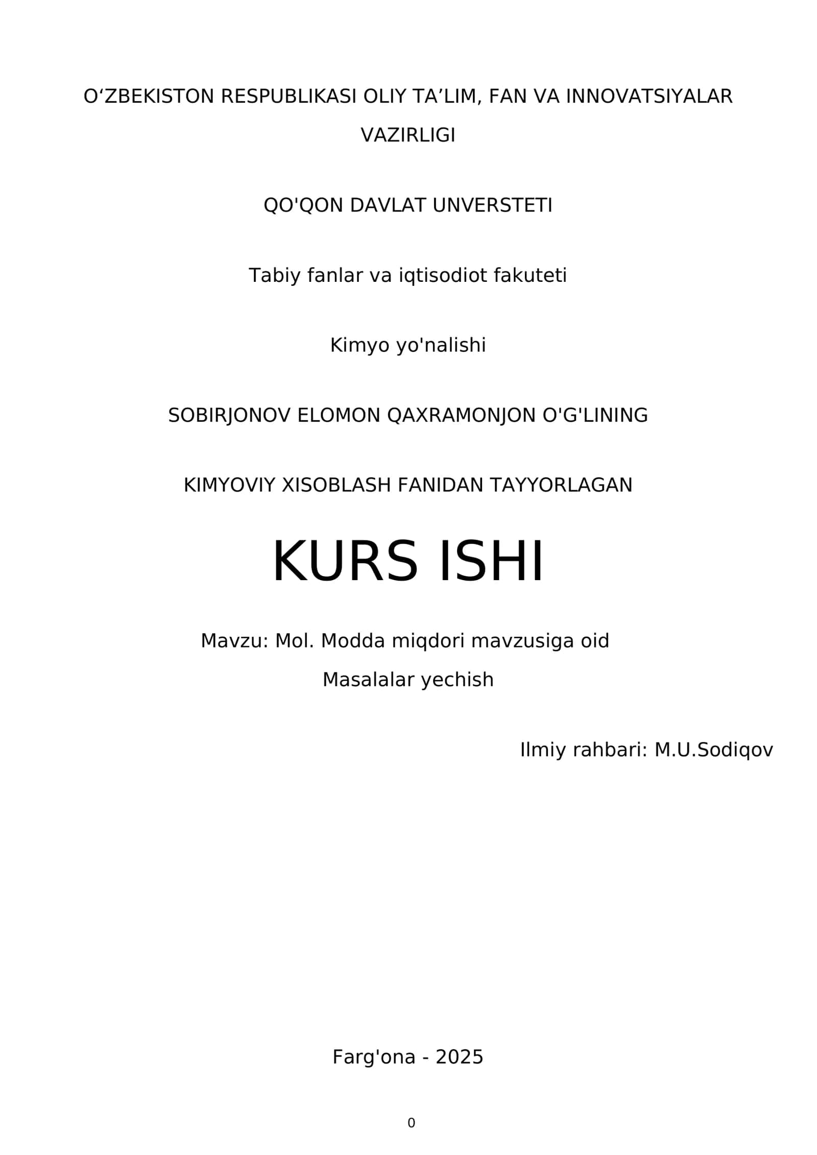 Kurs ishi: Kimyoviy xisoblash fanidan tayyorlagan