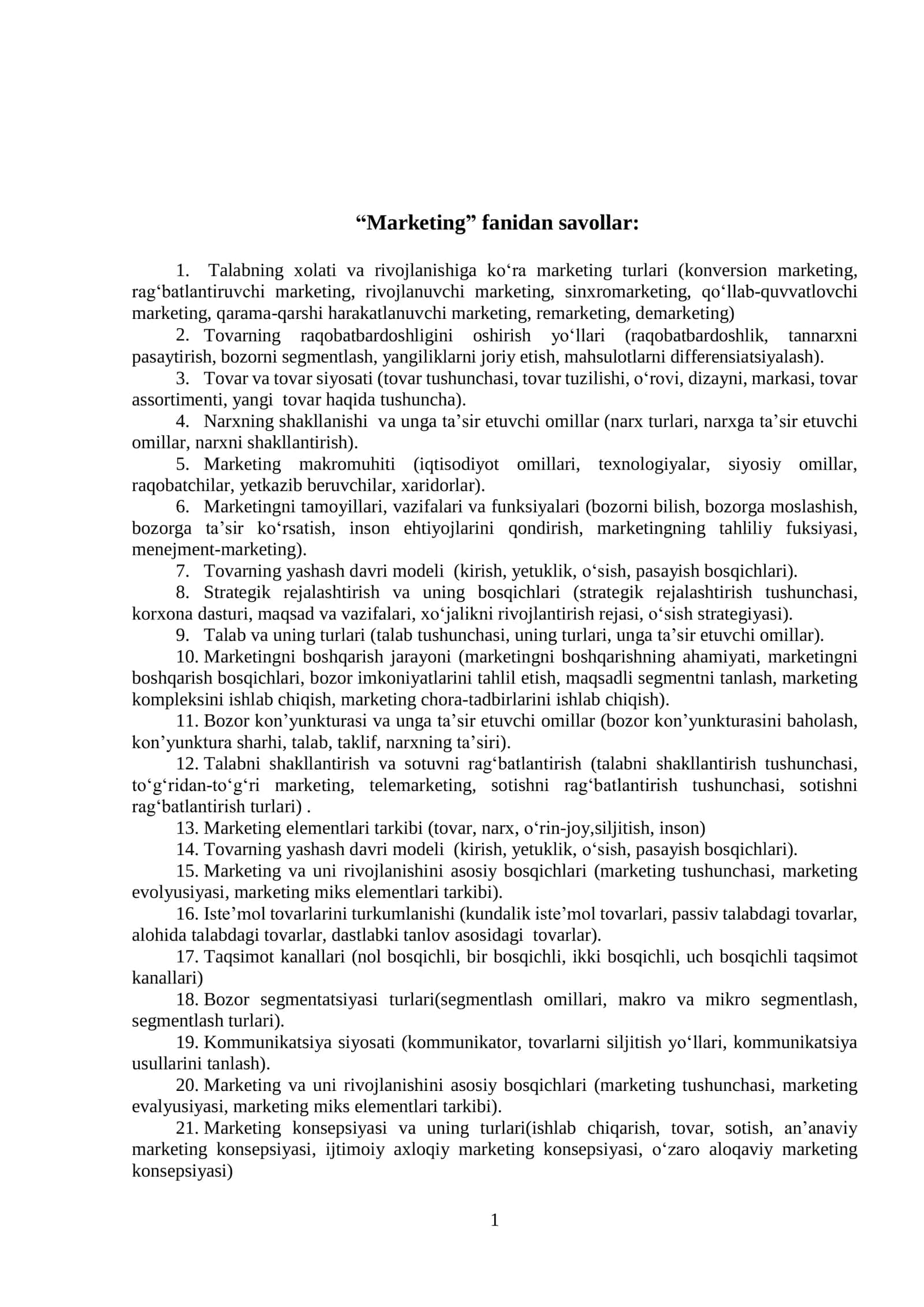 “Marketing” fanidan savollar