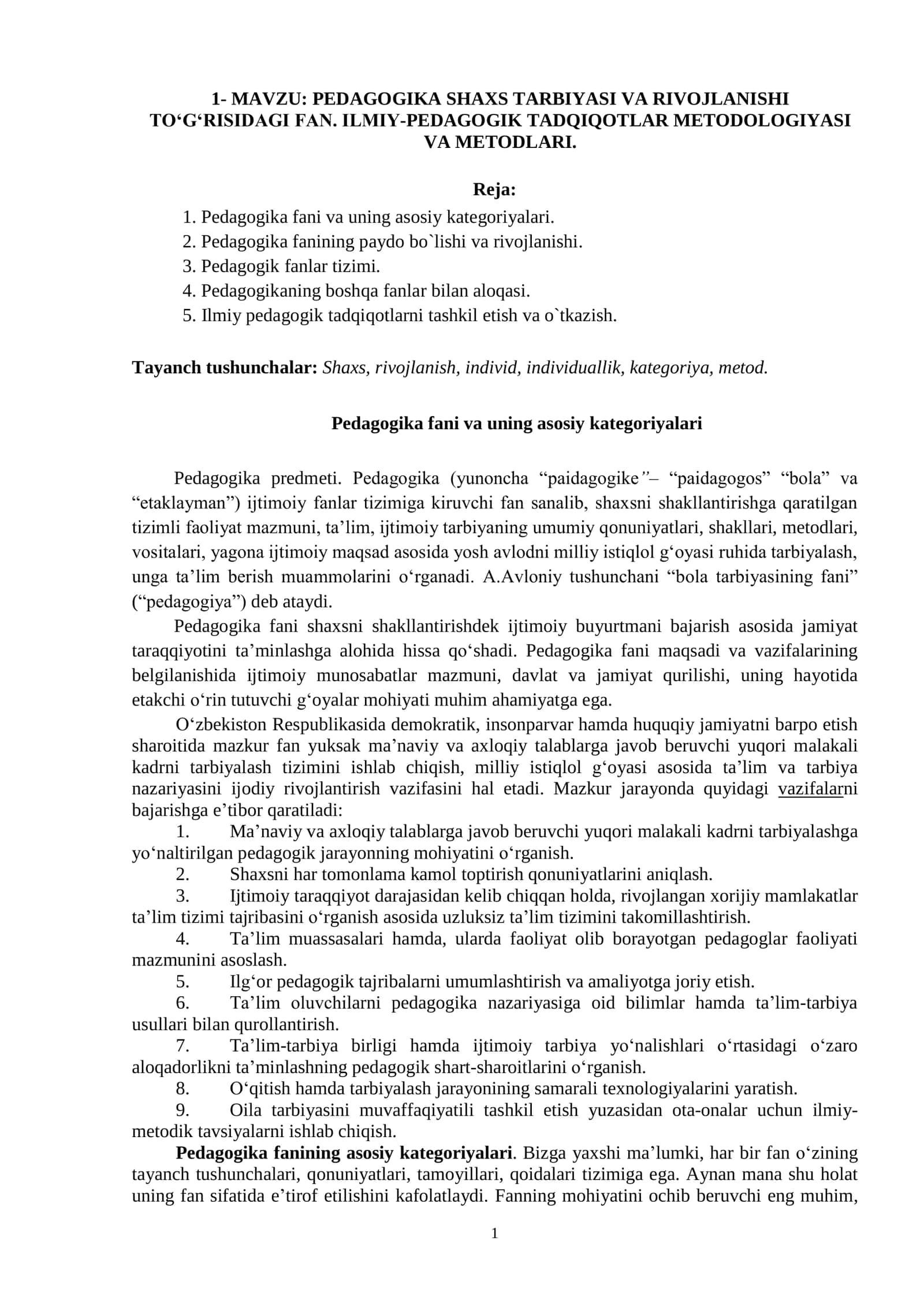 PEDAGOGIKA SHAXS TARBIYASI VA RIVOJLANISHI TO'GRISIDAGI FAN. ILMIY-PEDAGOGIK TADQIQOTLAR METODOLOGIYASI VA METODLARI