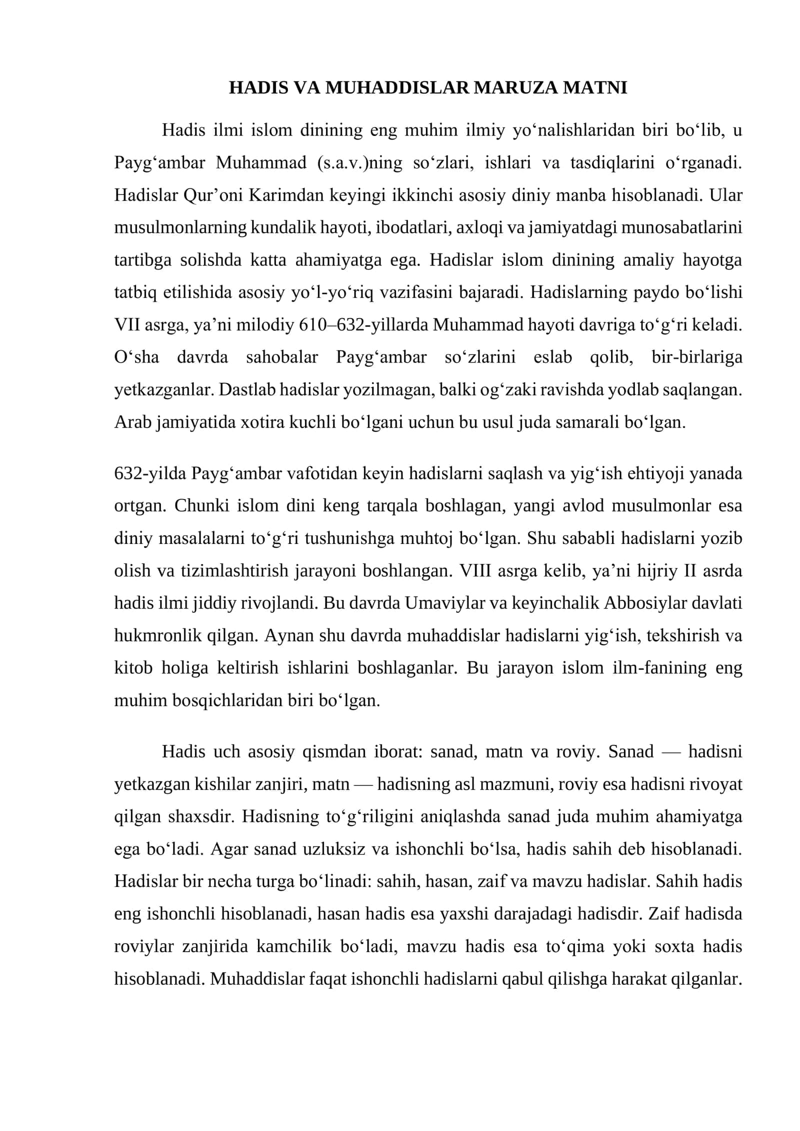 HADIS VA MUHADDISLAR MARUZA MATNI