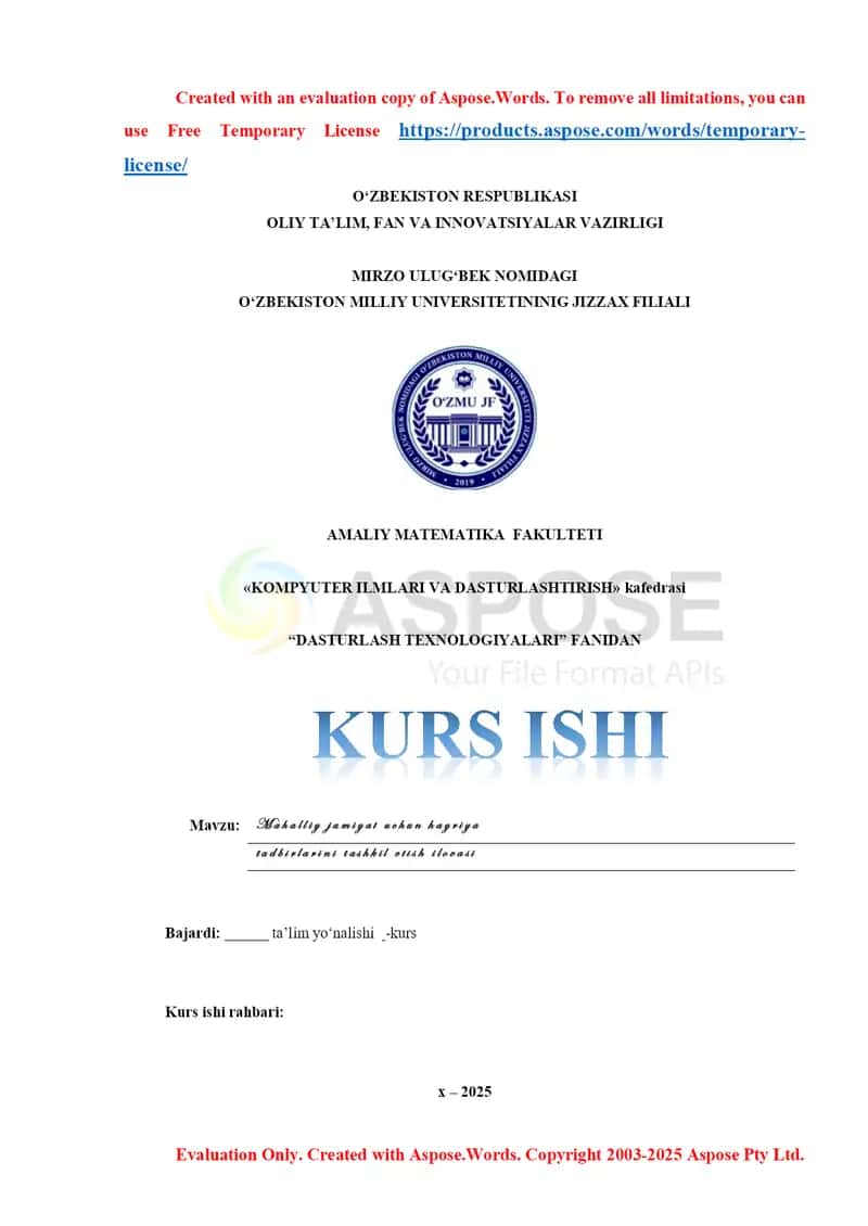 Mahalliy jamiyat uchun hayriya tadbirlarini tashkil etish ilovasi mavzusida kurs ishi