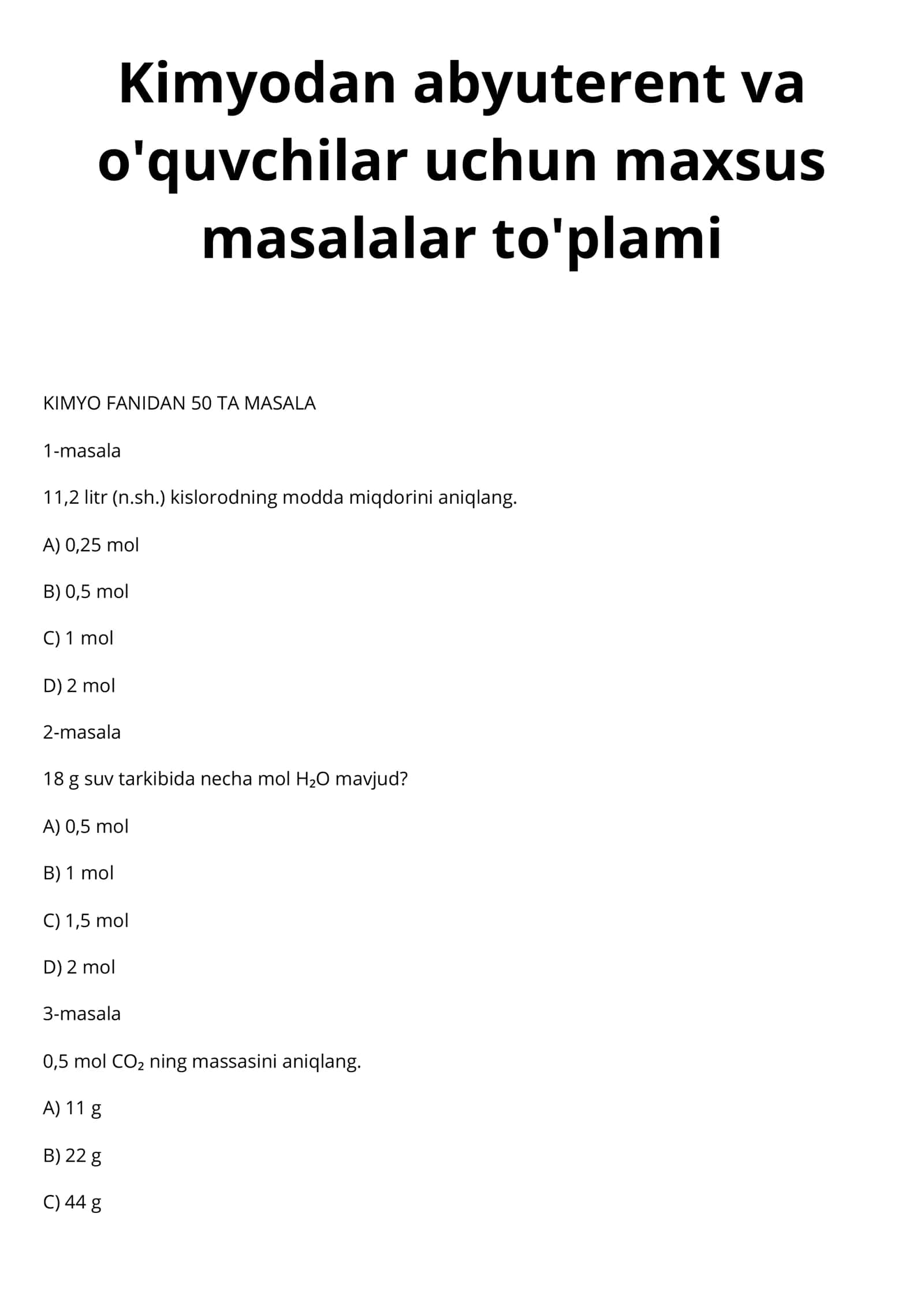 Kimyodan abyuterent va o'quvchilar uchun maxsus masalalar to'plami