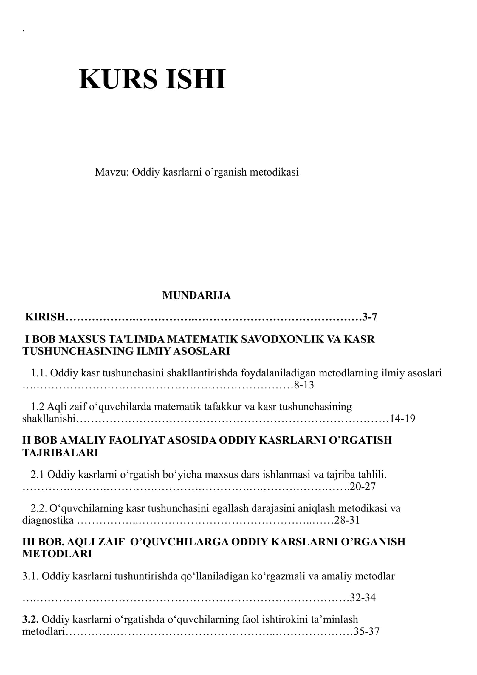 Oddiy kasrlarni o’rganish metodikasi