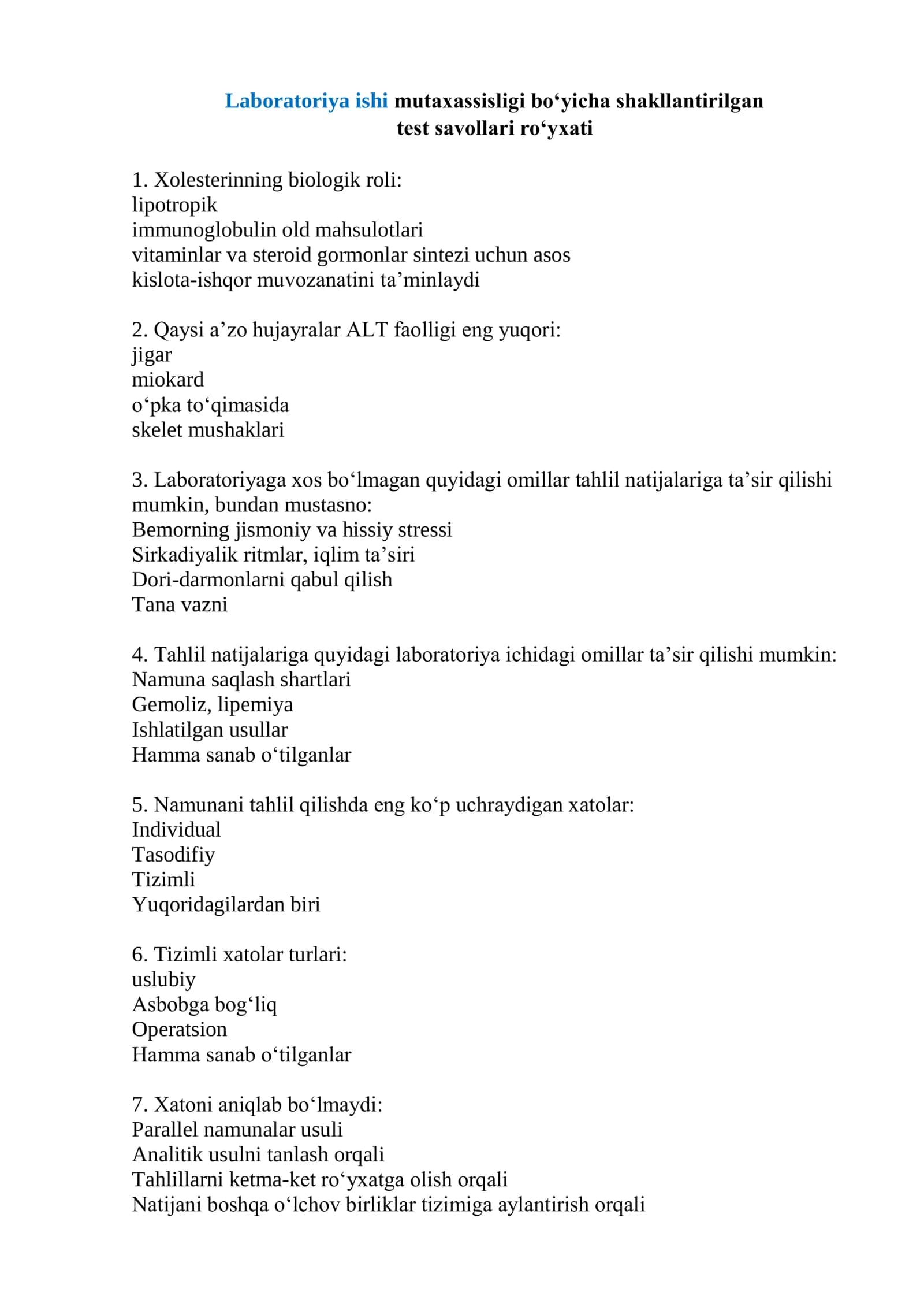 Laboratoriya ishi mutaxassisligi boʻyicha shakllantirilgan test savollari roʻyxati 2026