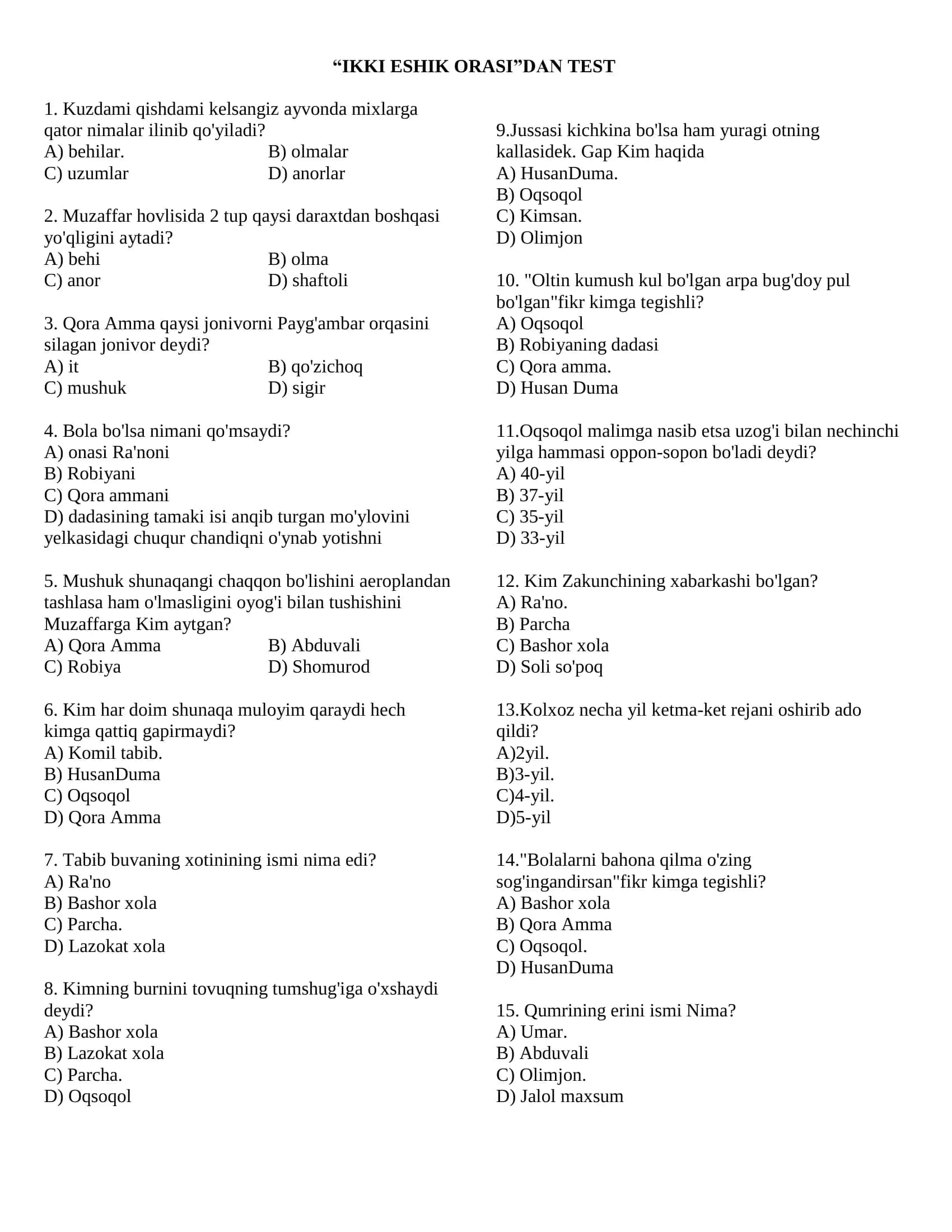 "IKKI ESHIK ORASI" TEST