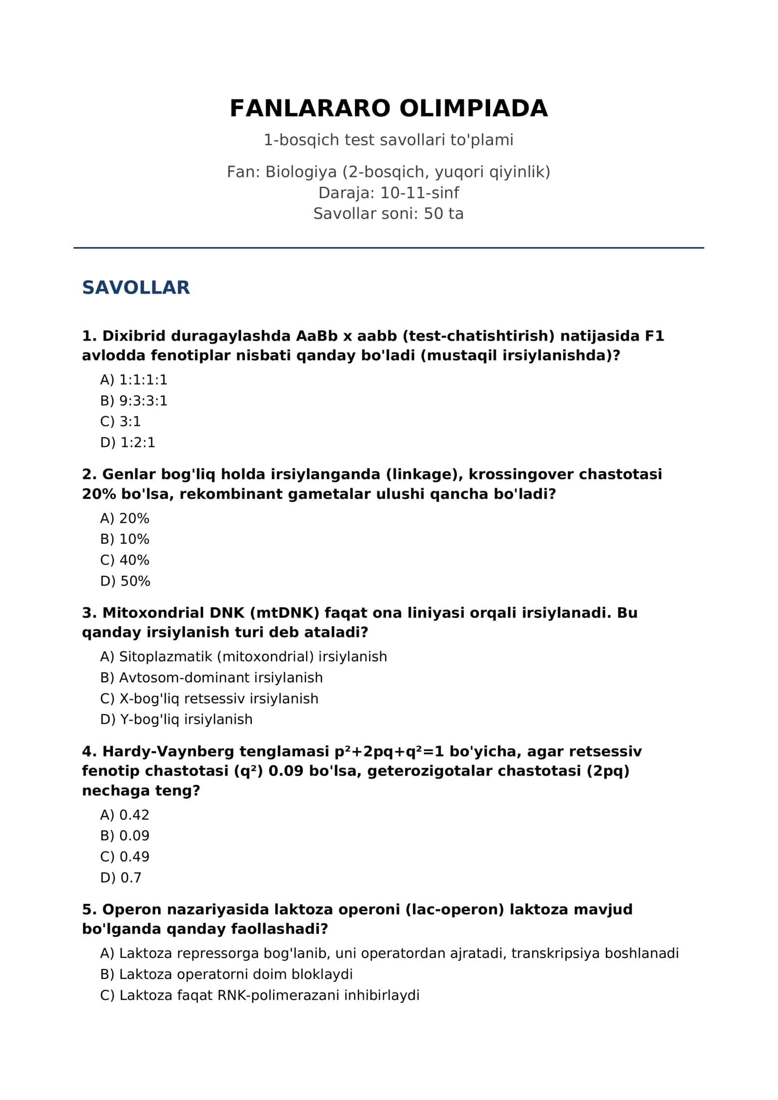 FANLARARO OLIMPIADA 2-bosqich test savollari to'plami
