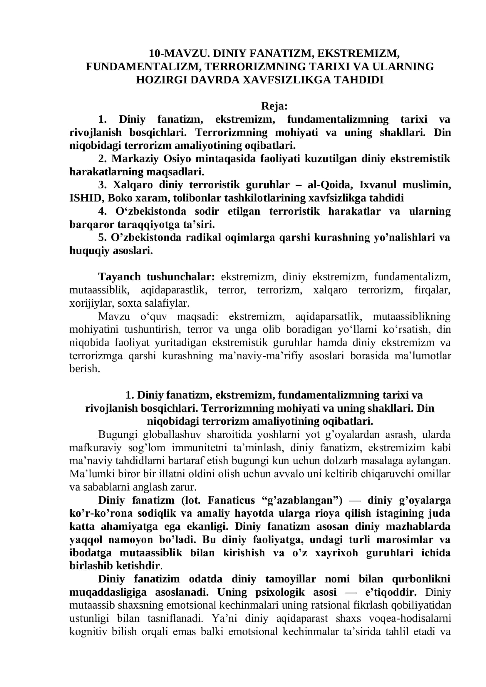DINIY FANATIZM, EKSTREMIZM, FUNDAMENTALIZM, TERRORIZMNING TARIXI VA ULARNING HOZIRGI DAVRDA XAVFSIZLIKGA TAHDIDI