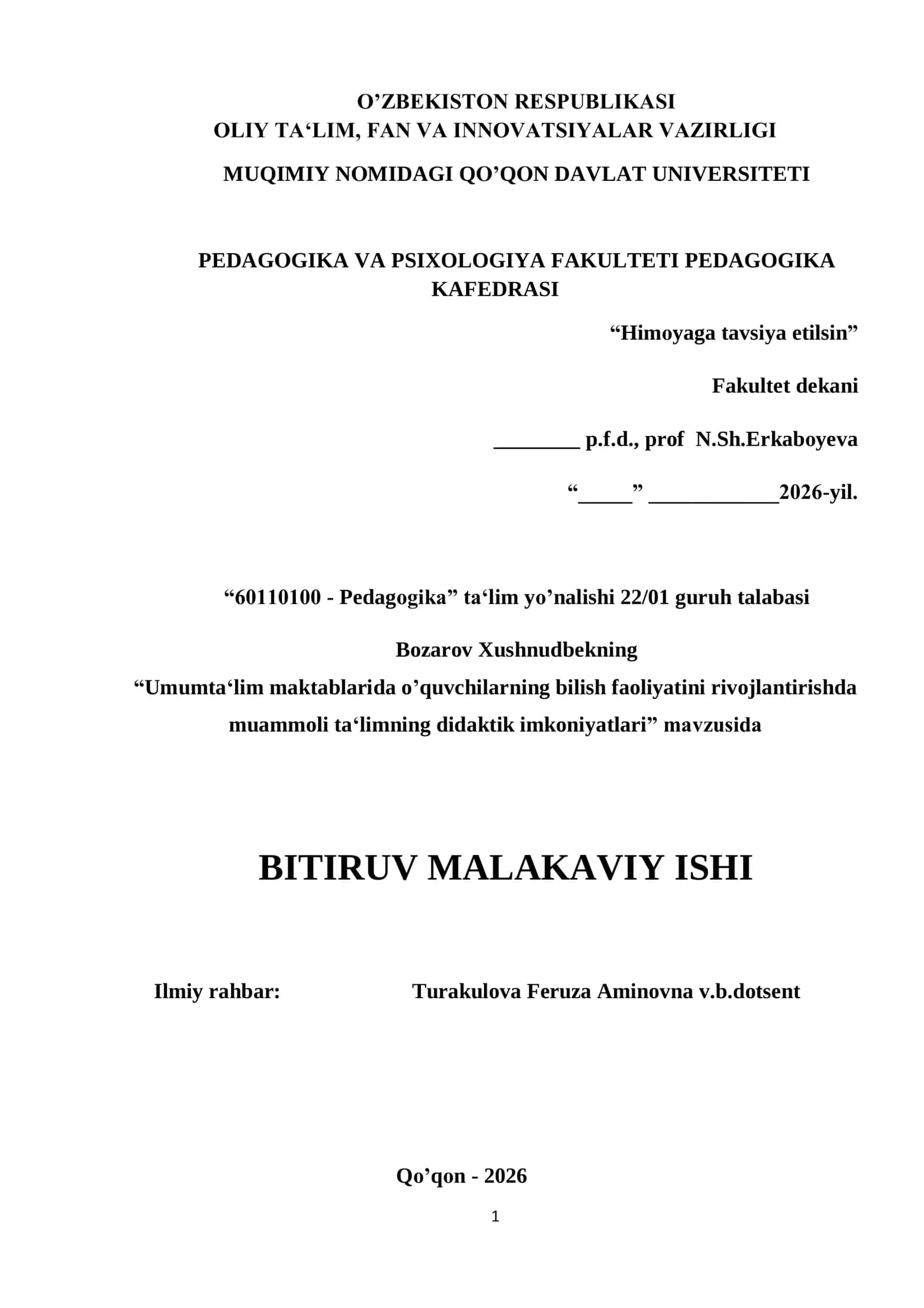 BITIRUV MALAKAVIY ISHI Umumtaʻlim maktablarida o’quvchilarning bilish faoliyatini rivojlantirishda muammoli taʻlimning didaktik imkoniyatlari