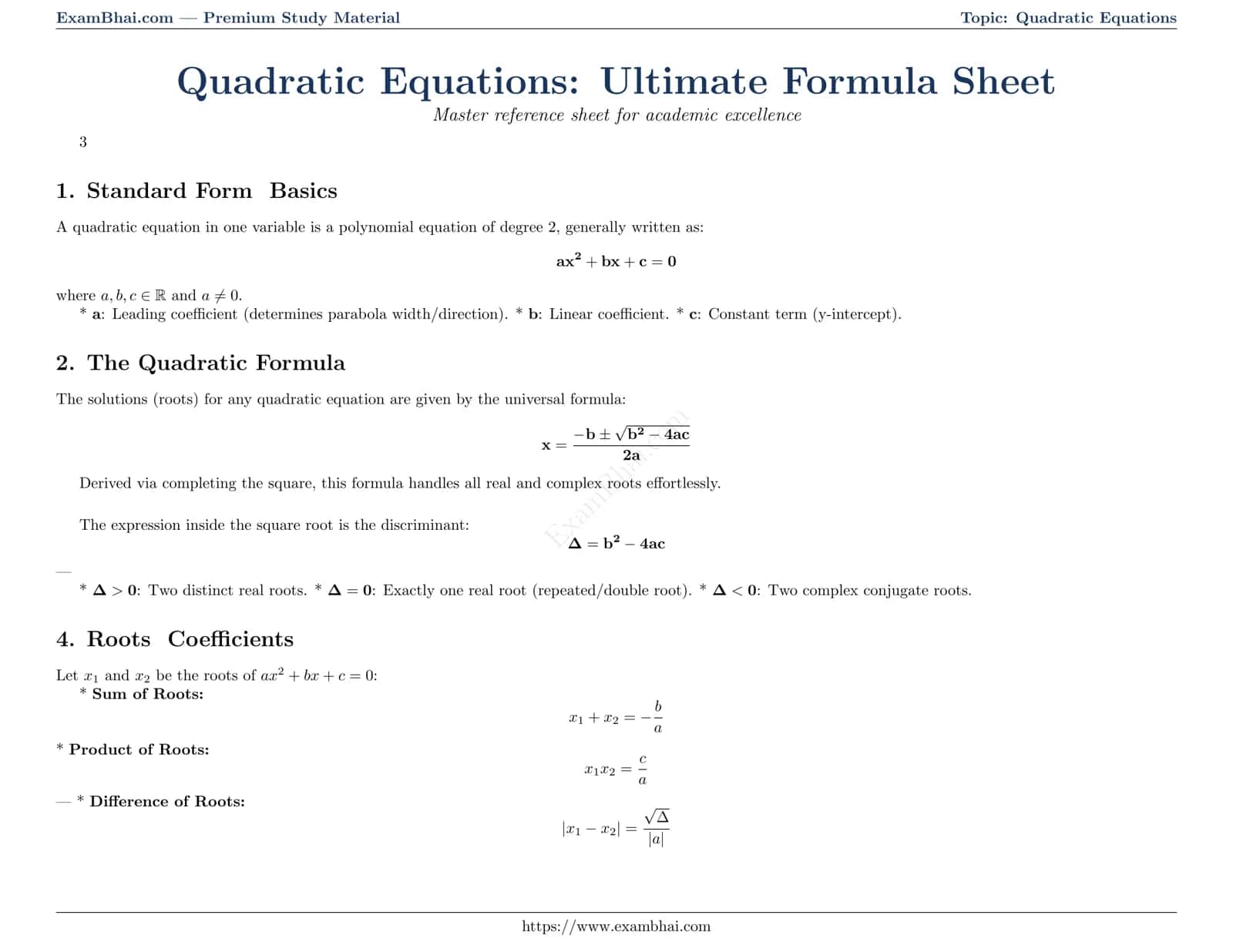 Quadratic Equations: Ultimate Formula Sheet