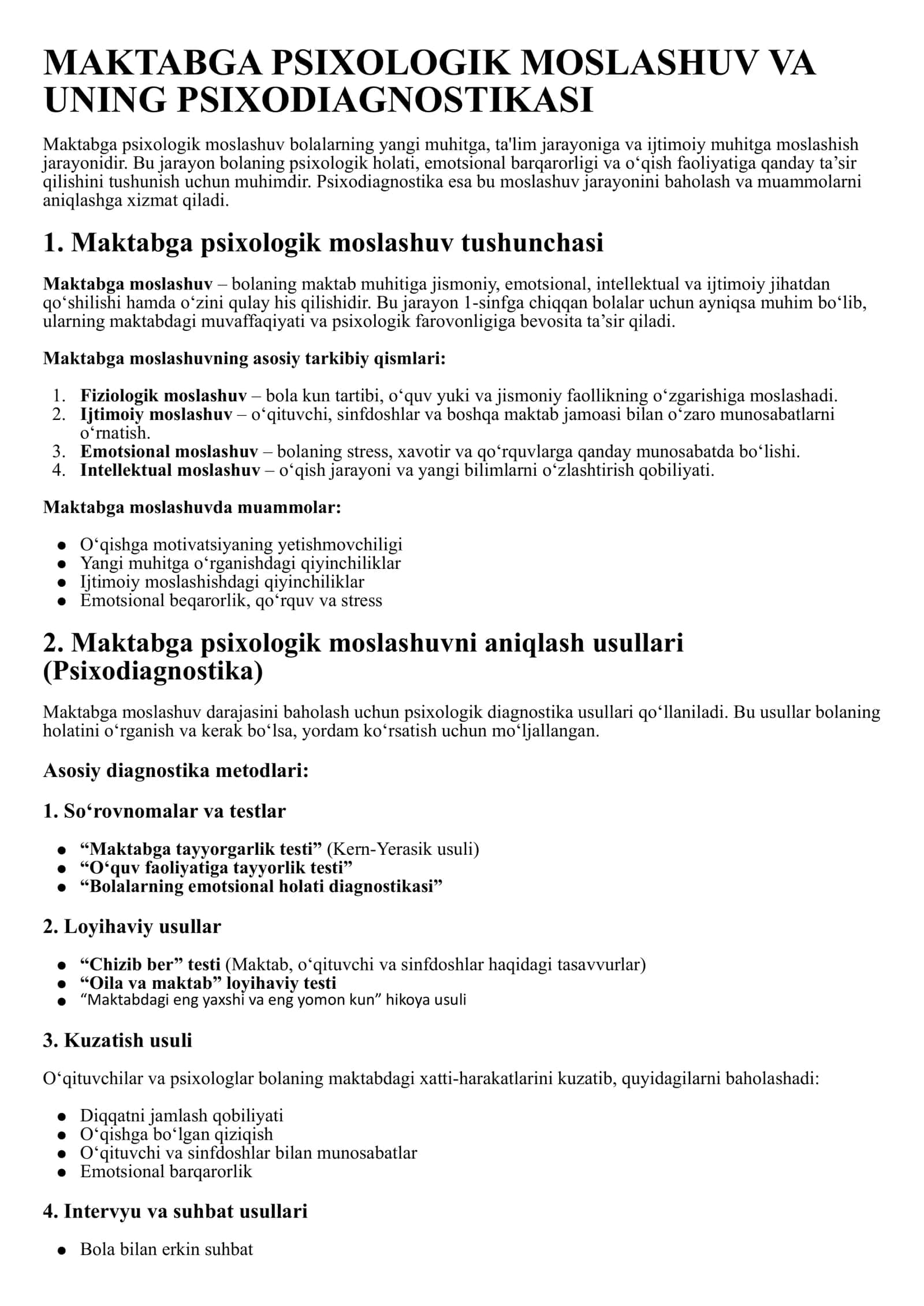 MAKTABGA PSIXOLOGIK MOSLASHUV VA UNING PSIXODIAGNOSTIKASI