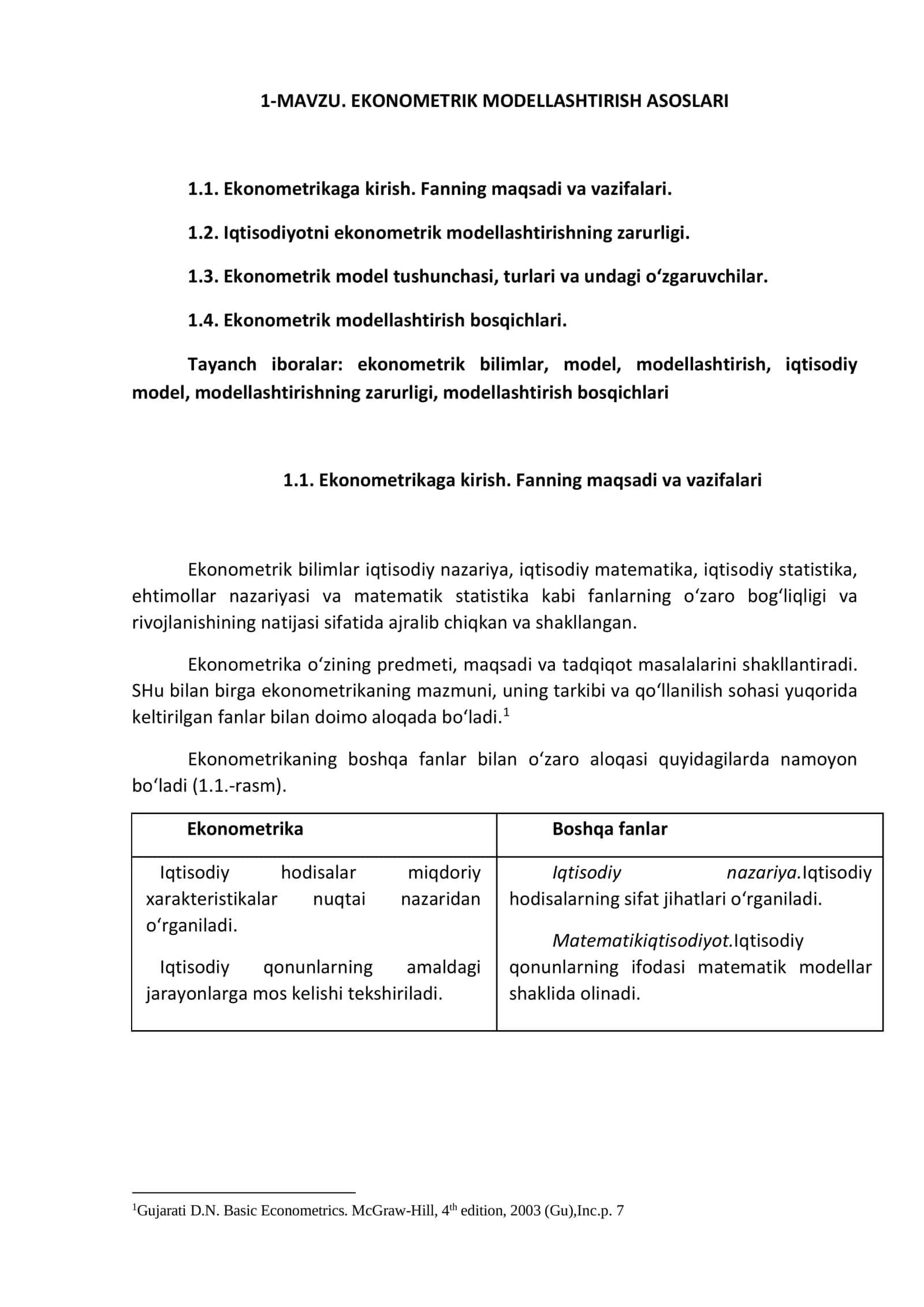 EKONOMETRIK MODELLASHTIRISH ASOSLARI