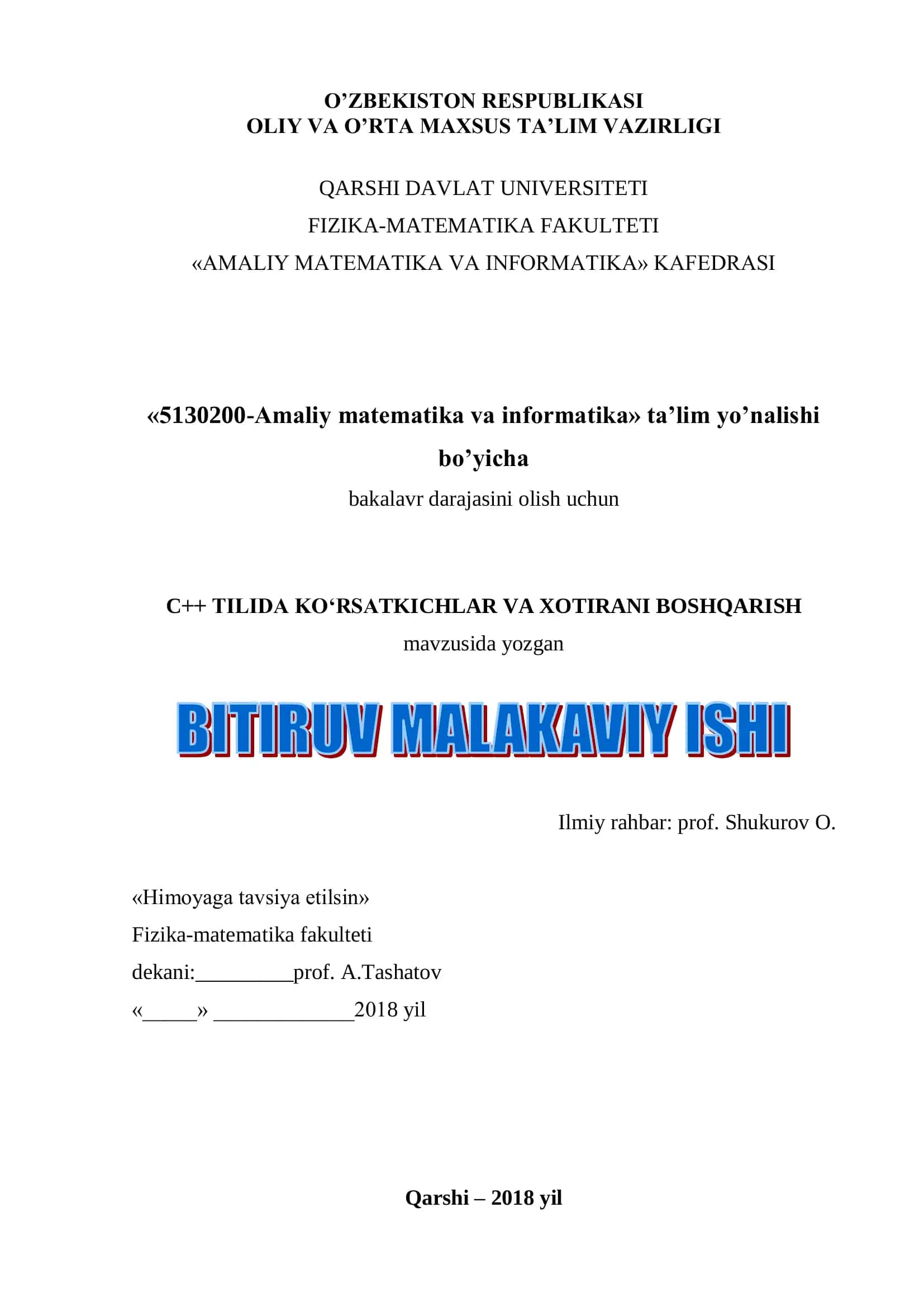 С++ TILIDA KO‘RSATKICHLAR VA XOTIRANI BOSHQARISH