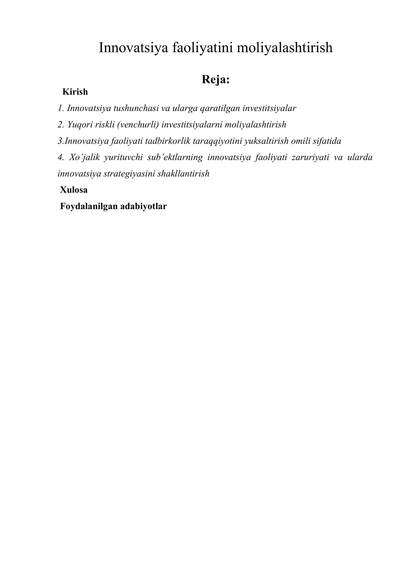 Innovatsiya faoliyatini moliyalashtirish
