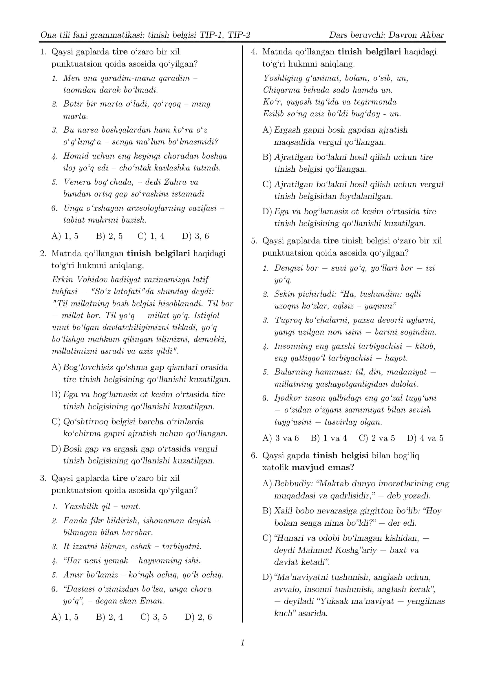 Ona Tili Grammatikasi Avgust imtihoni (tinish belgilari)