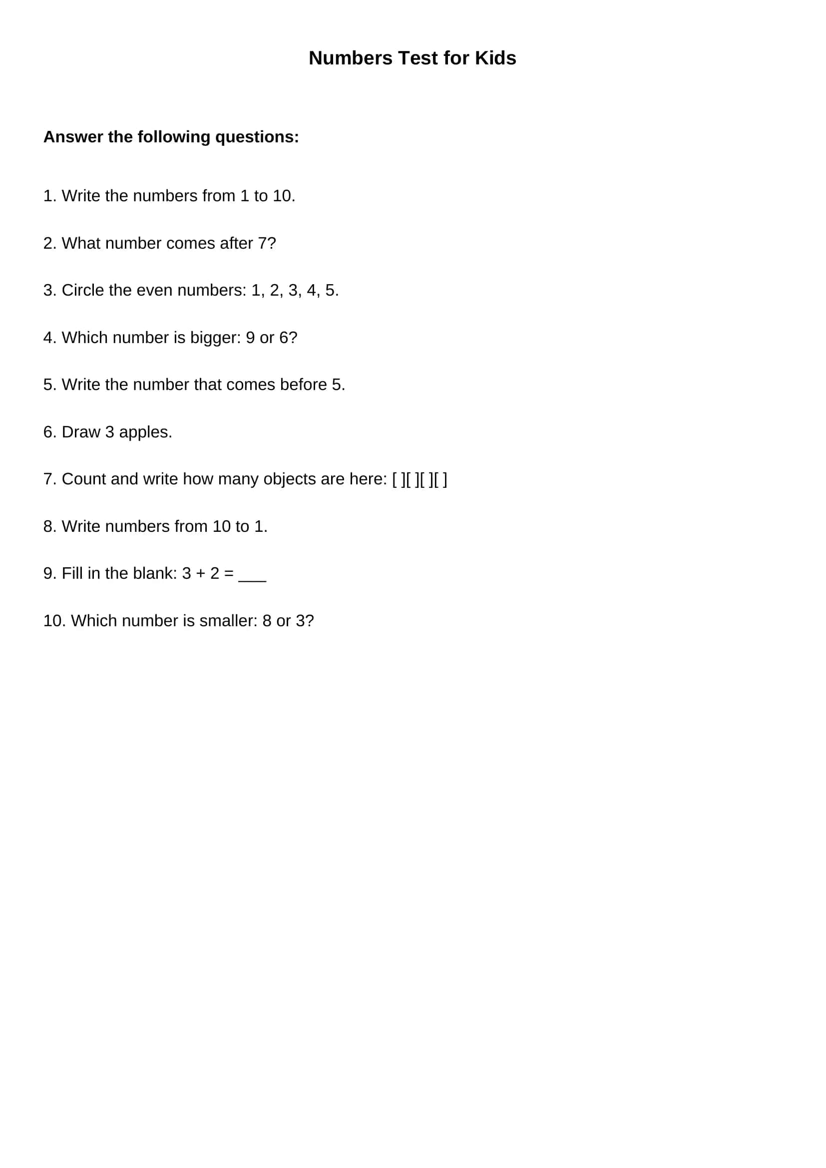 Numbers Test for Kids