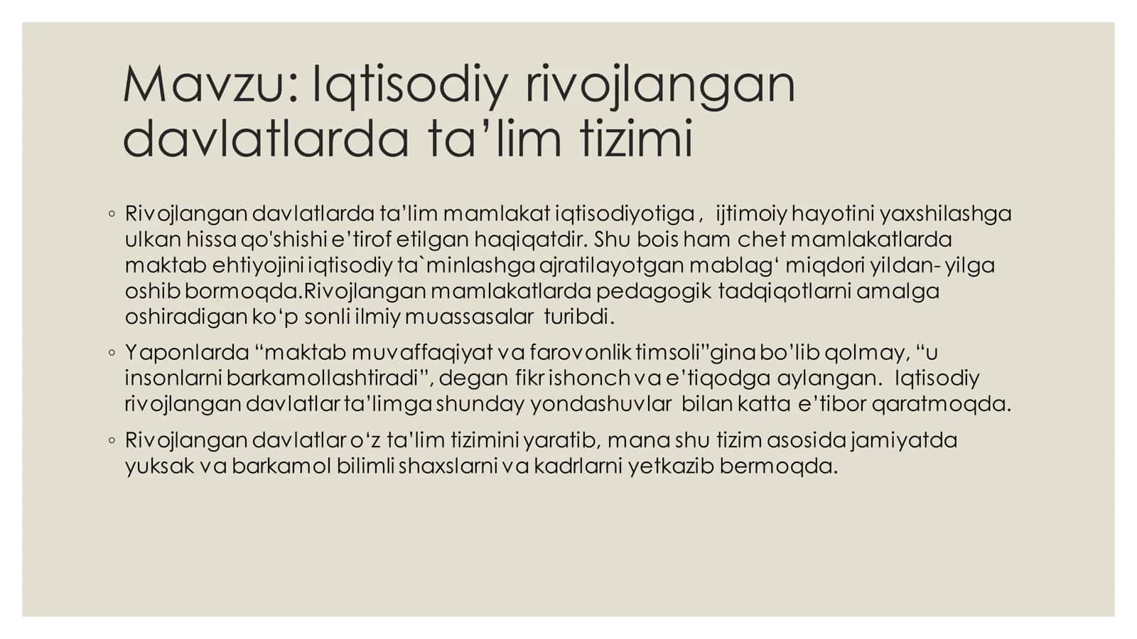 Iqtisodiy rivojlangan davlatlarda ta’lim tizimi