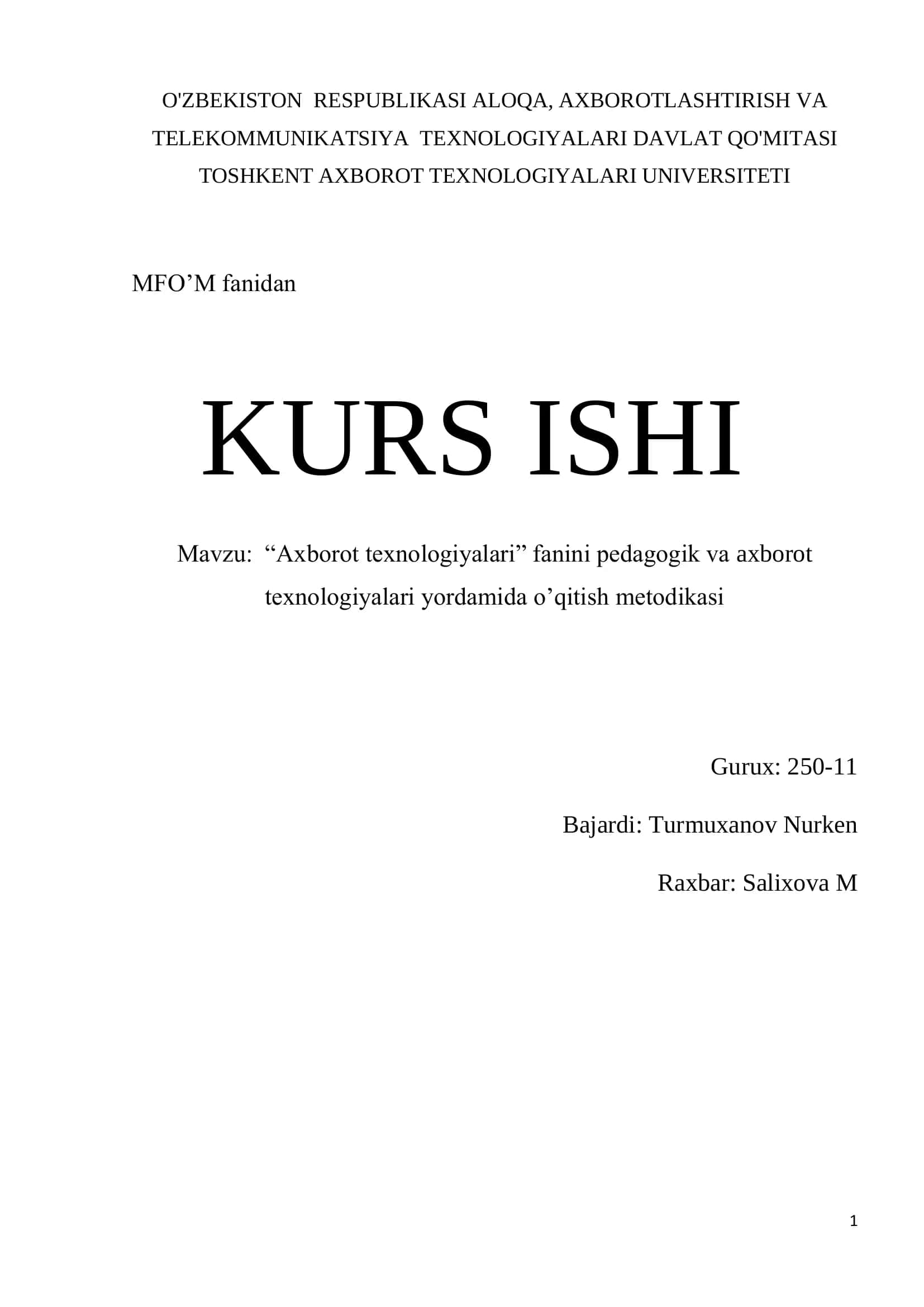 ―Axborot texnologiyalari‖ fanini pedagogik va axborot texnologiyalari yordamida o‘qitish metodikasi