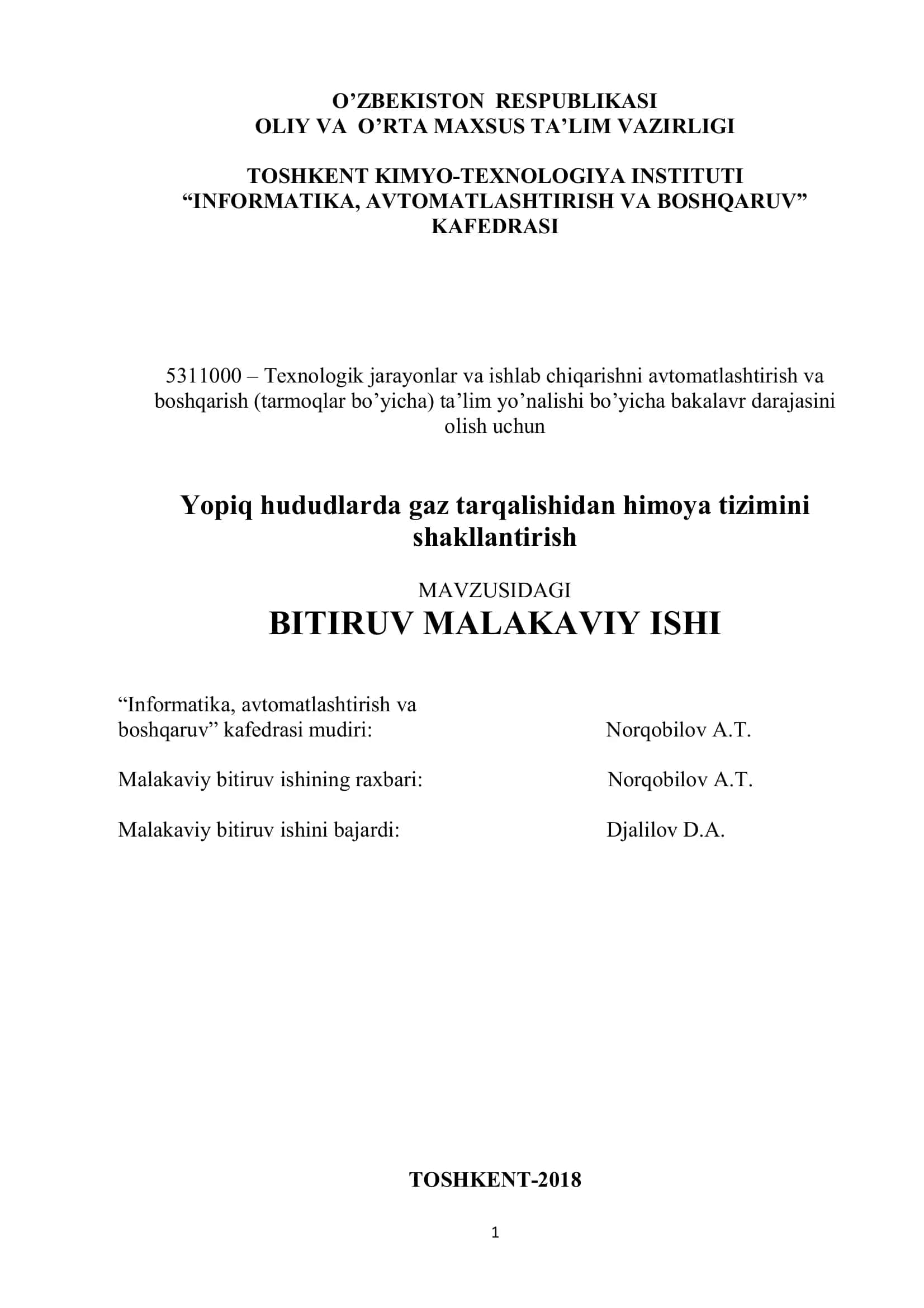 Yopiq hududlarda gaz tarqalishidan himoya tizimini shakllantirish