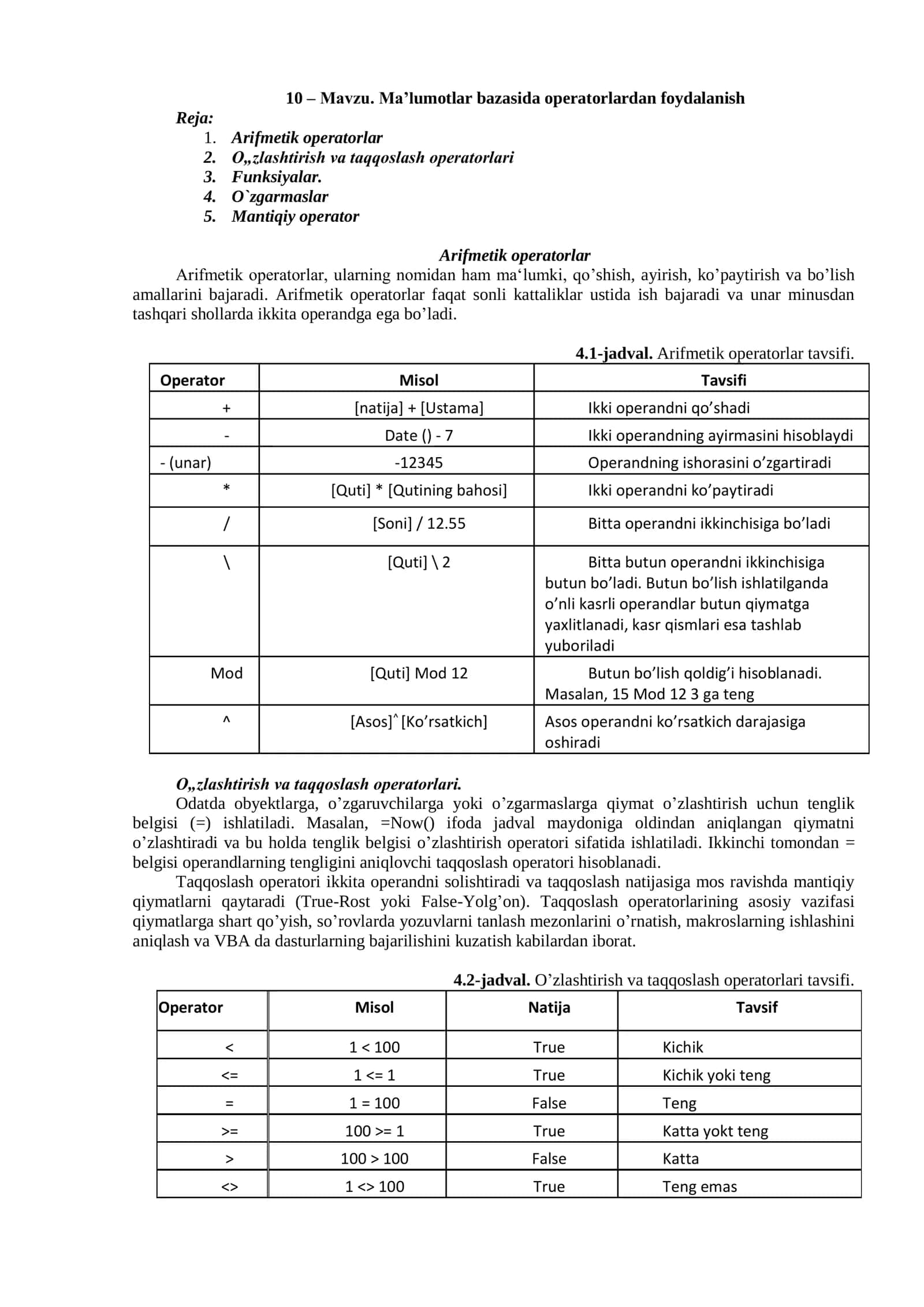 Ma’lumotlar bazasida operatorlardan foydalanish