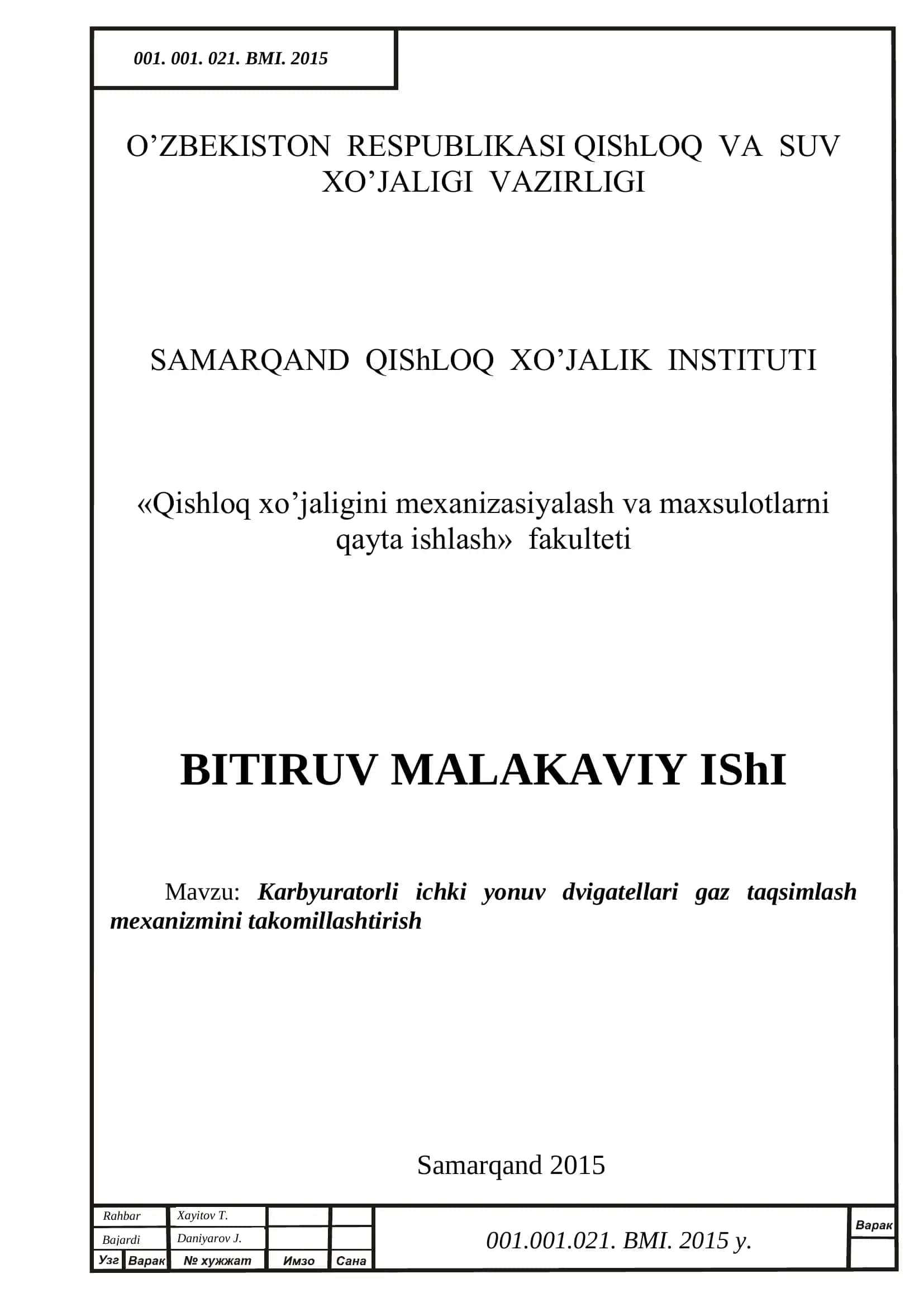 Karbyuratorli ichki yonuv dvigatellari gaz taqsimlash mexanizmini takomillashtirish