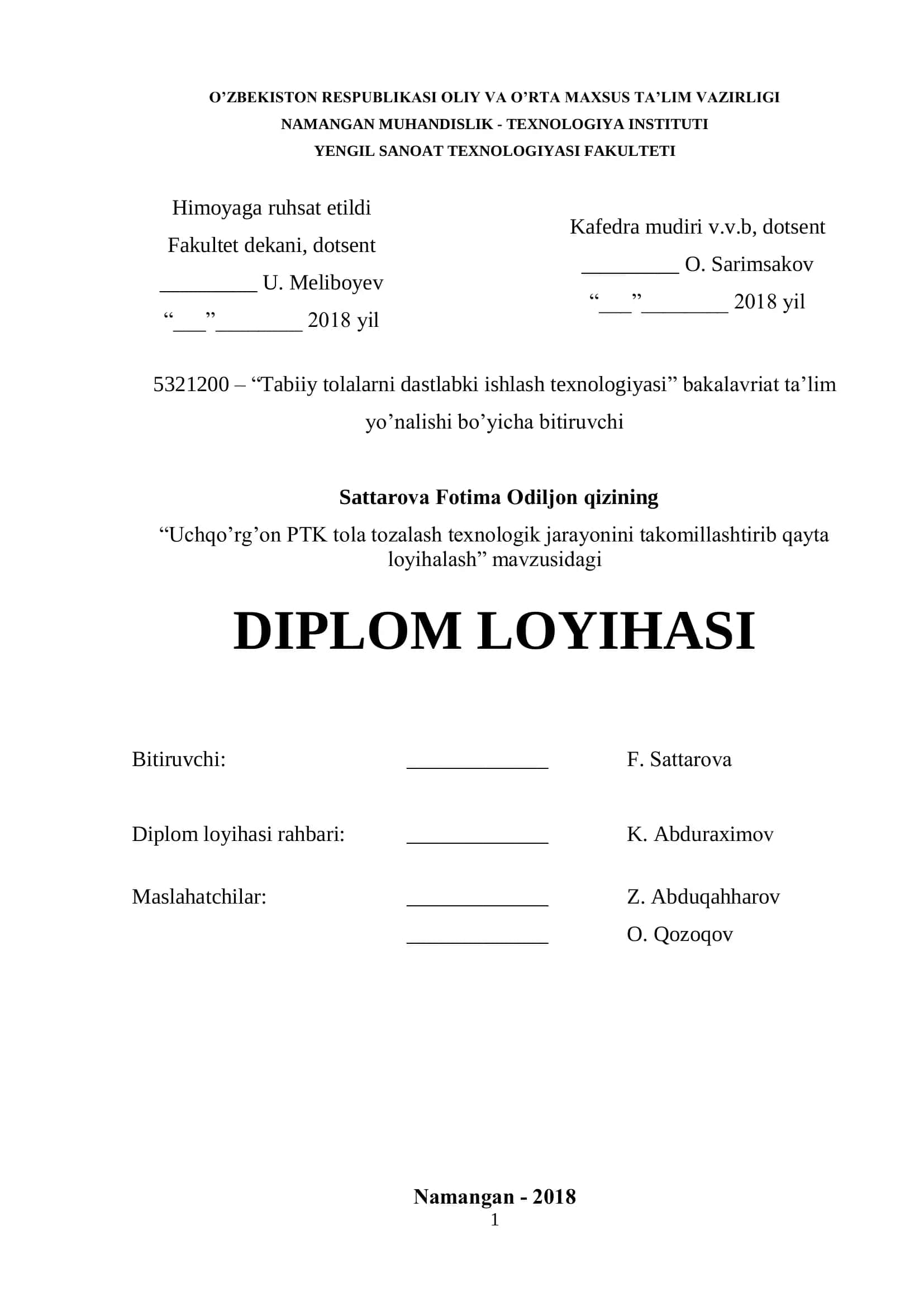 Tabiiy tolalarni dastlabki ishlash texnologiyasi