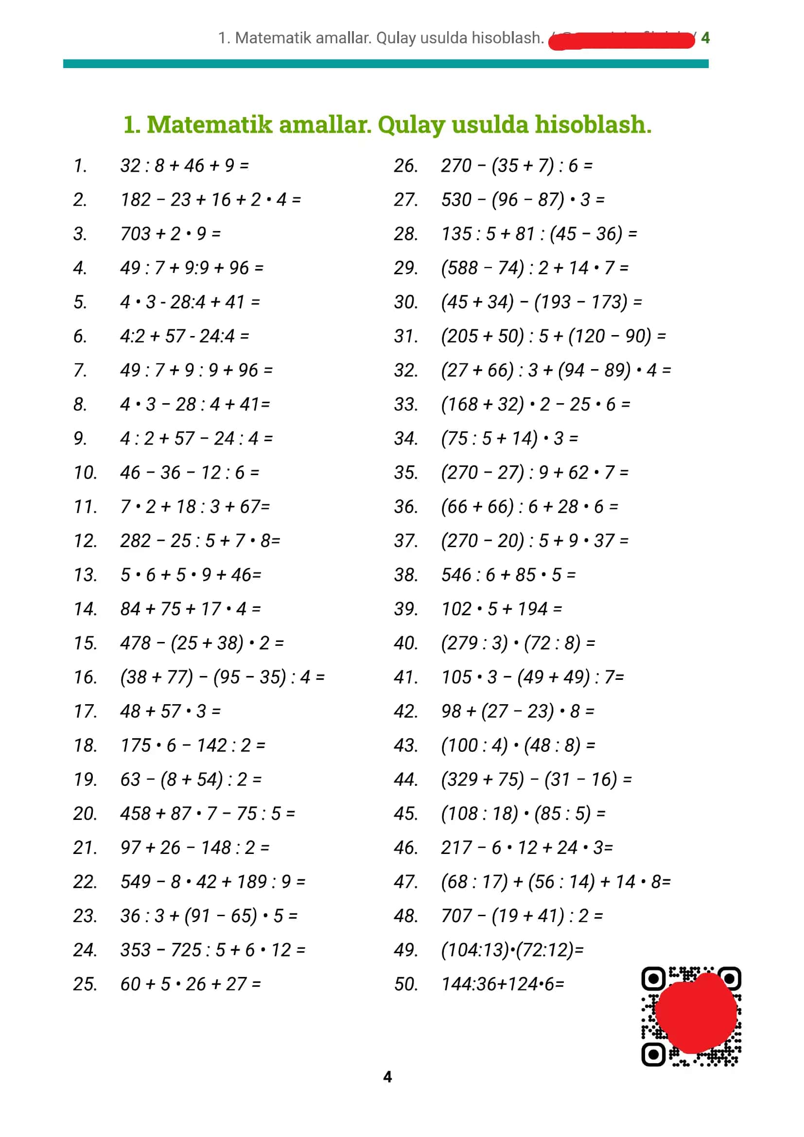 Matematikadan hisoblashga doir 110 ta misol. (3-4-5-sinf uchun)