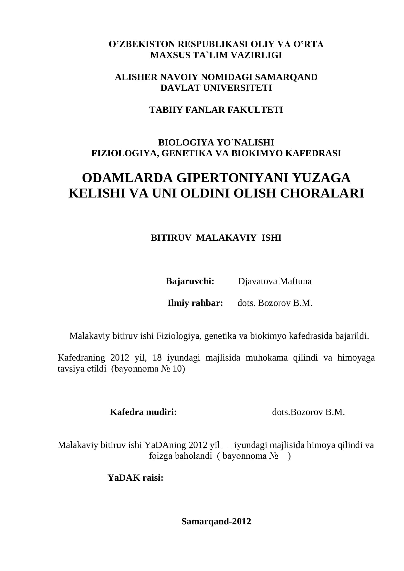 Odamlarda Gipertoniyani Yuzaga Kelishi va Uni Oldini Olish Chorlari