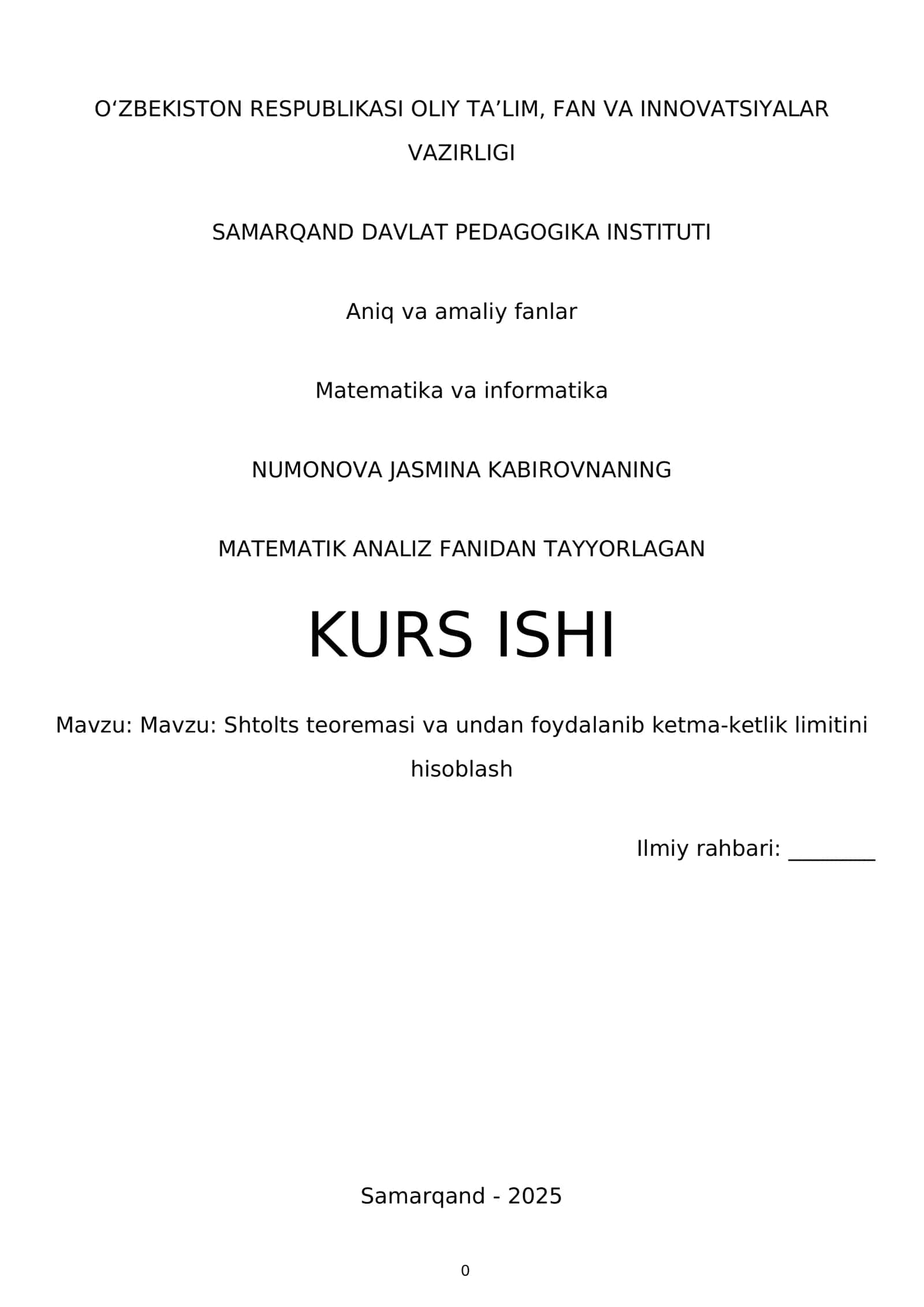 NUMONOVA JASMINA KABIROVNANING MATEMATIK ANALIZ FANIDAN TAYYORLAGAN KURS ISHI