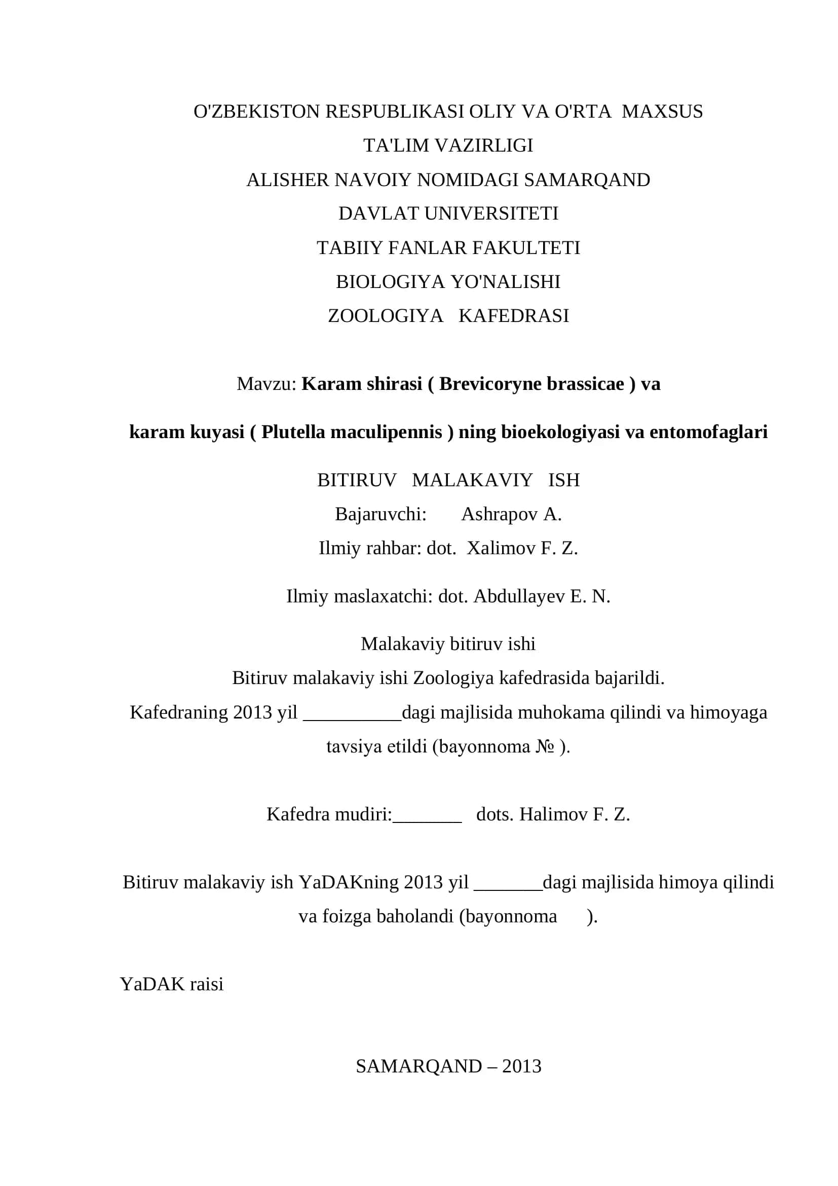 Karam shirasi ( Brevicoryne brassicae ) va karam kuyasi ( Plutella maculipennis ) ning bioekologiyasi va entomofaglari