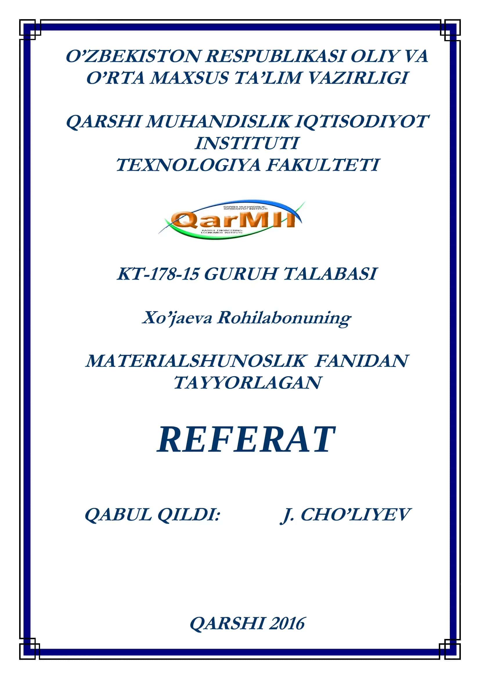 MATERIALSHUNOSLIK FANIDAN TAYYORLAGAN REFERAT