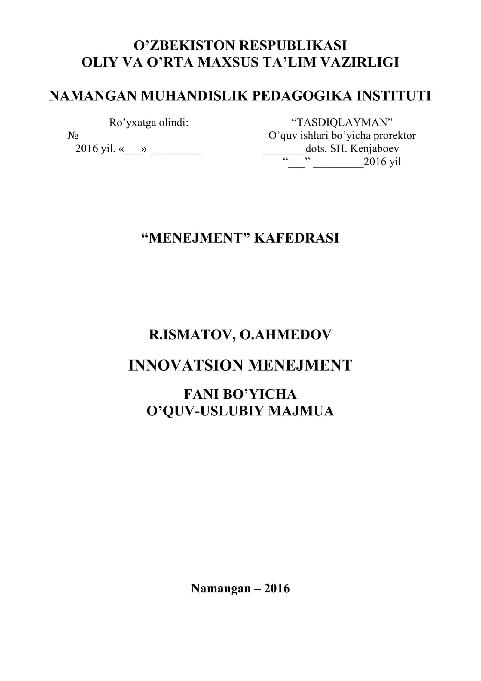 Innovatsion menejment O’quv-uslubiy majmua