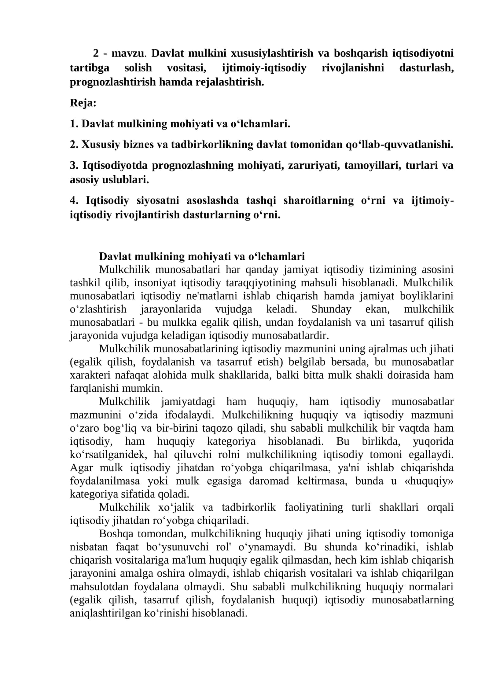 Davlat mulkini xususiylashtirish va boshqarish