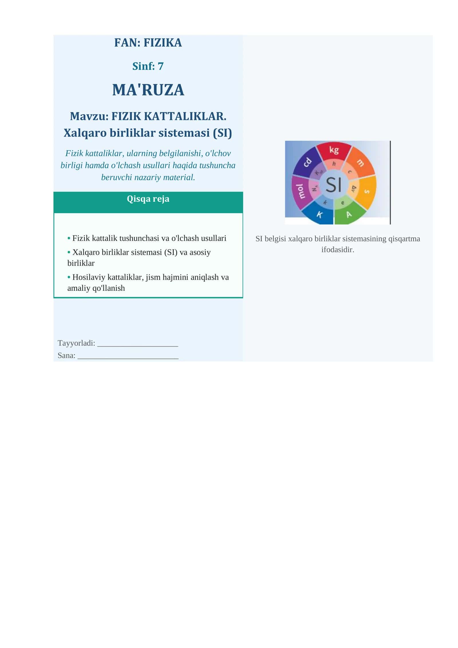 FIZIK KATTALIKLAR. Xalqaro birliklar sistemasi (SI)