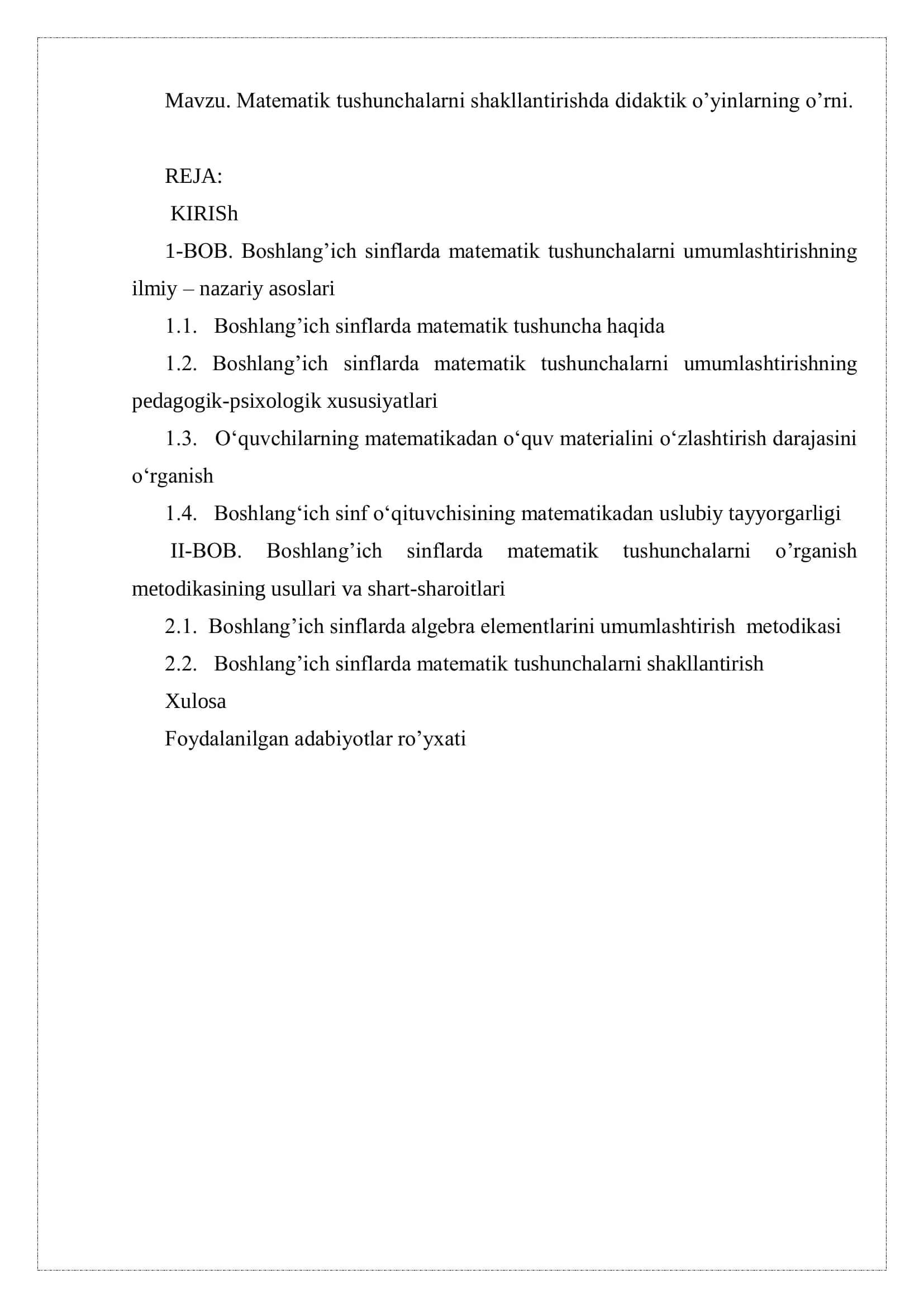 Matematik tushunchalarni shakllantirishda didaktik o’yinlarning o’rni