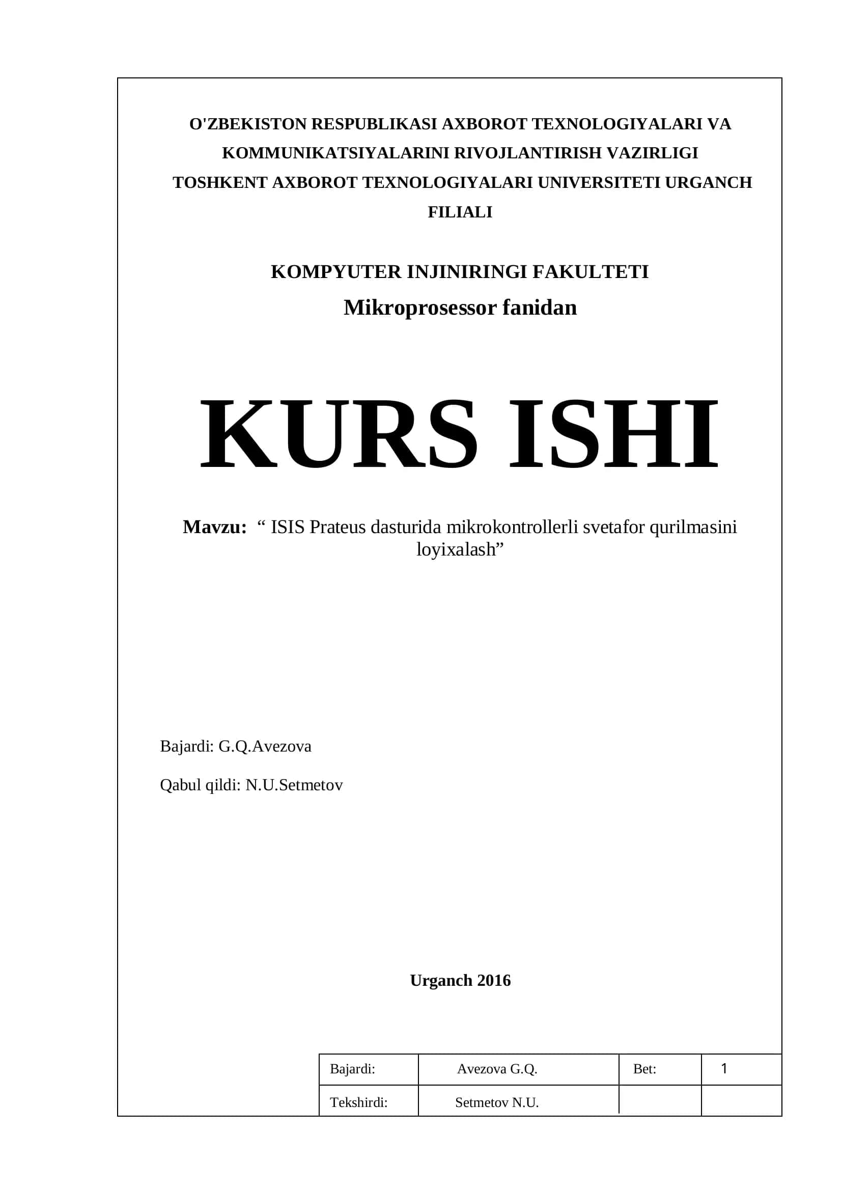 ISIS Prateus dasturida mikrokontrollerli svetafor qurilmasini loyixalash