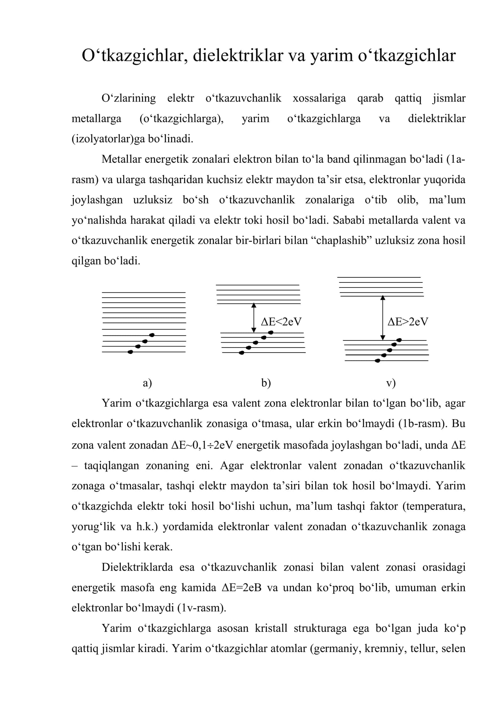 O‘tkazgichlar, dielektriklar va yarim o‘tkazgichlar