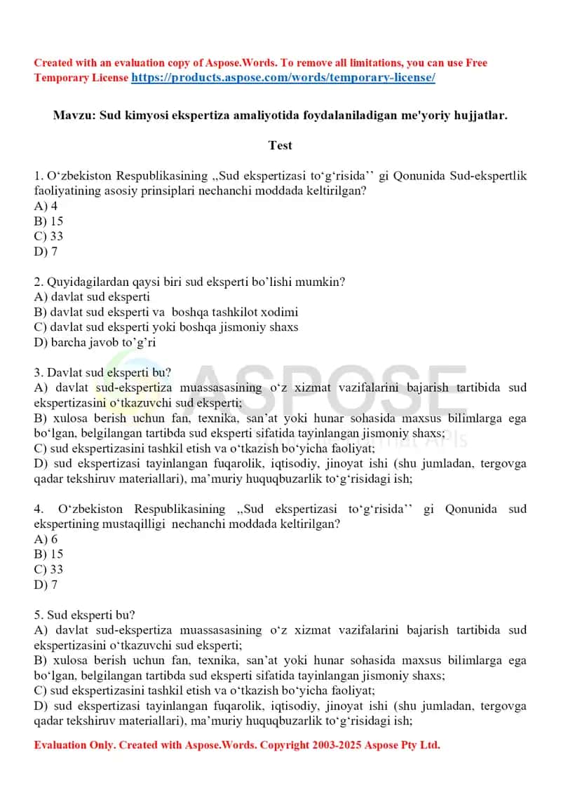 1. Sud kimyosi ekspertiza amaliyotida foydalaniladigan me'yoriy hujjatlar.Test 10 ta.