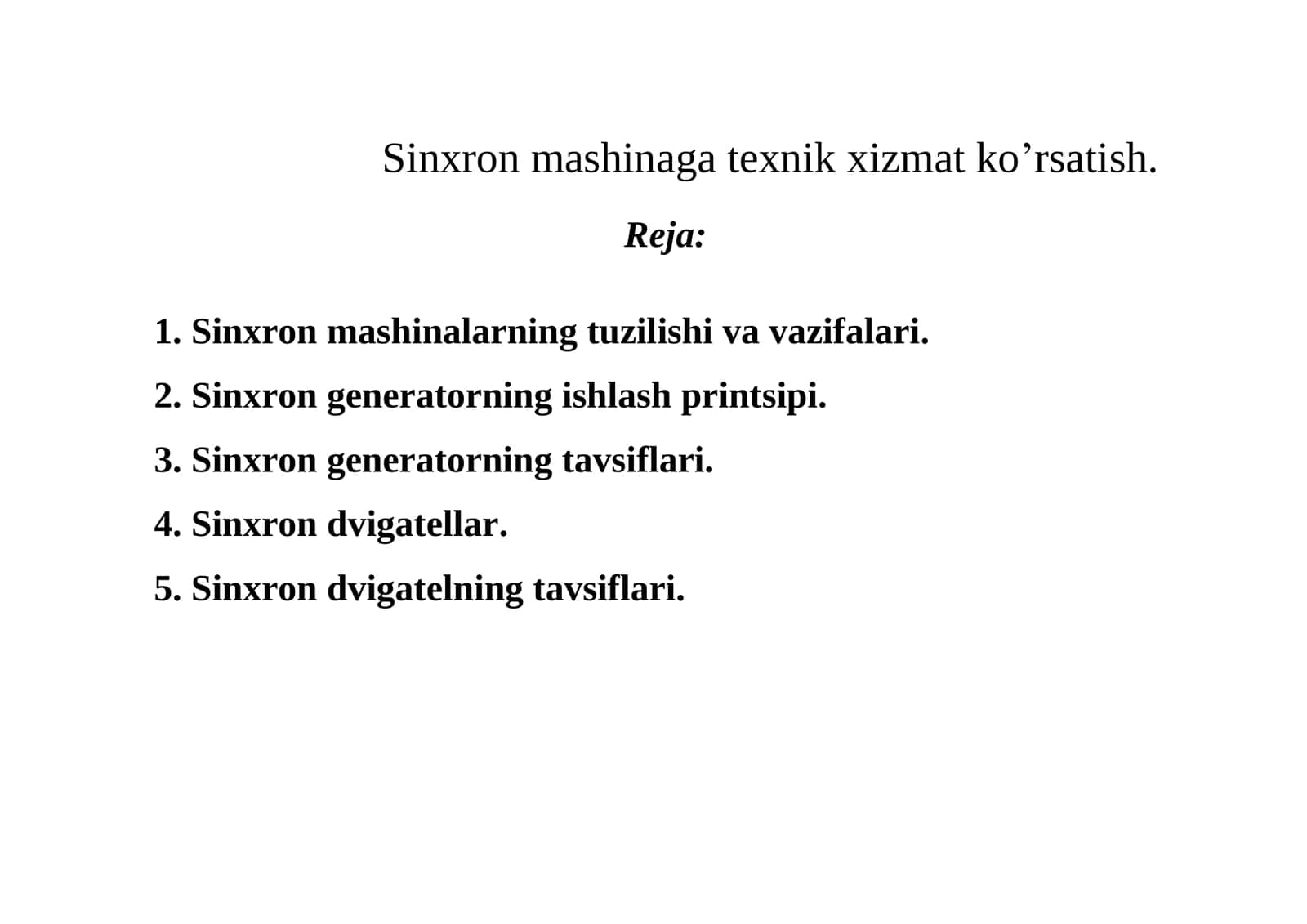 Sinxron mashinaga texnik xizmat ko’rsatish