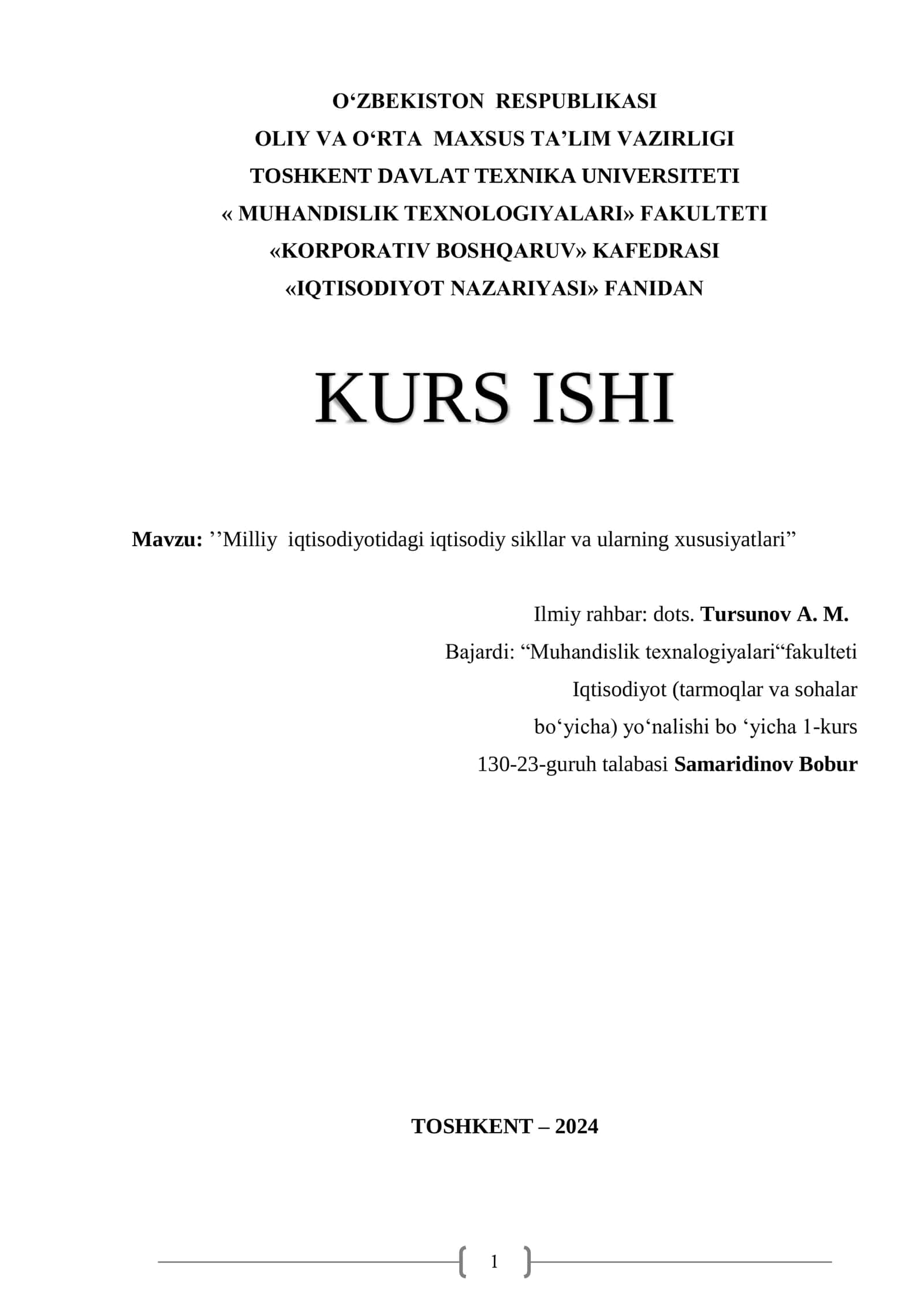 Milliy iqtisodiyotidagi iqtisodiy sikllar va ularning xususiyatlari
